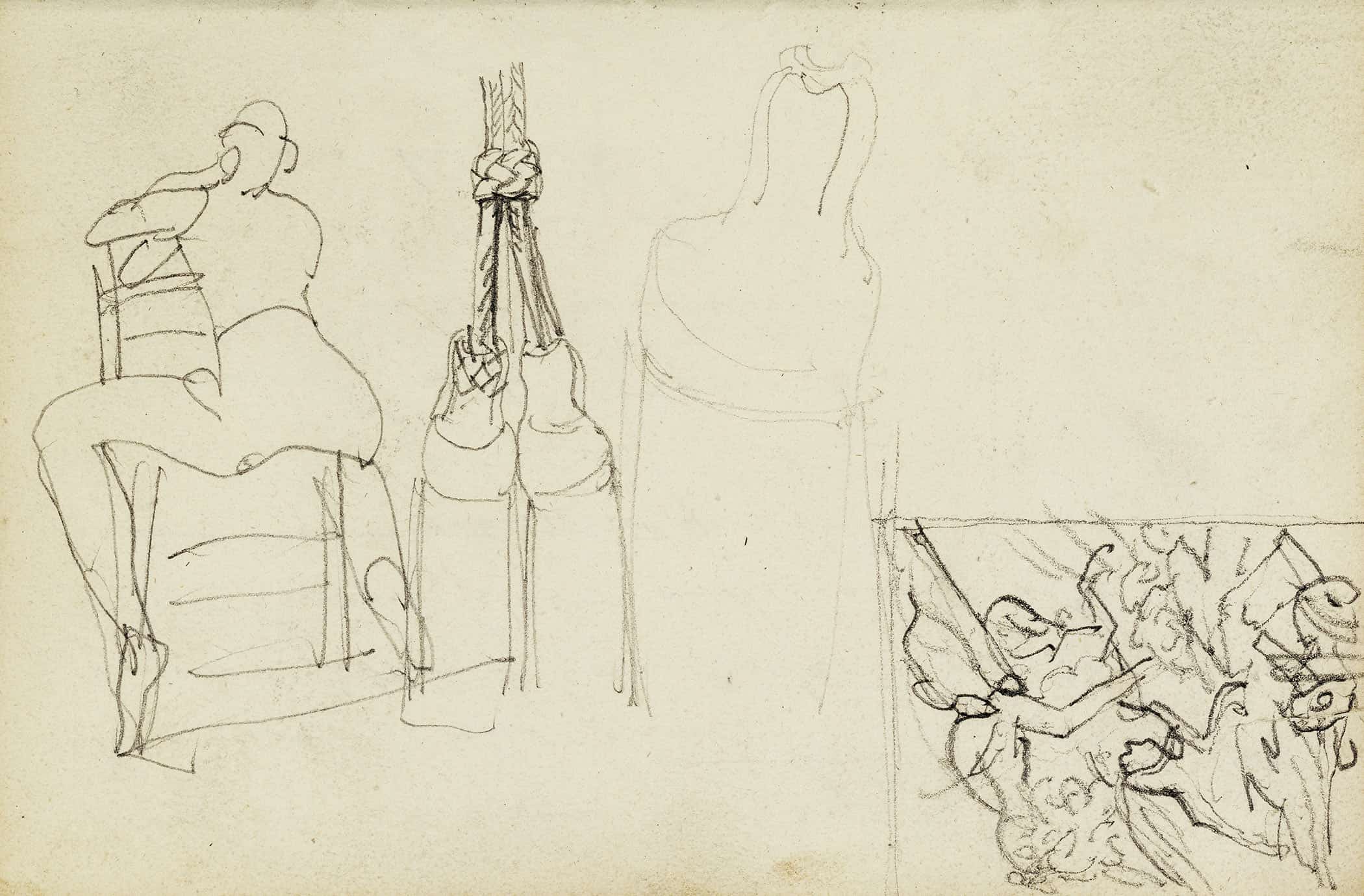 Tassels Seated Figure From Behind Chair Thumbnail Study Of Charging Chasseur  by Theodore Gericault