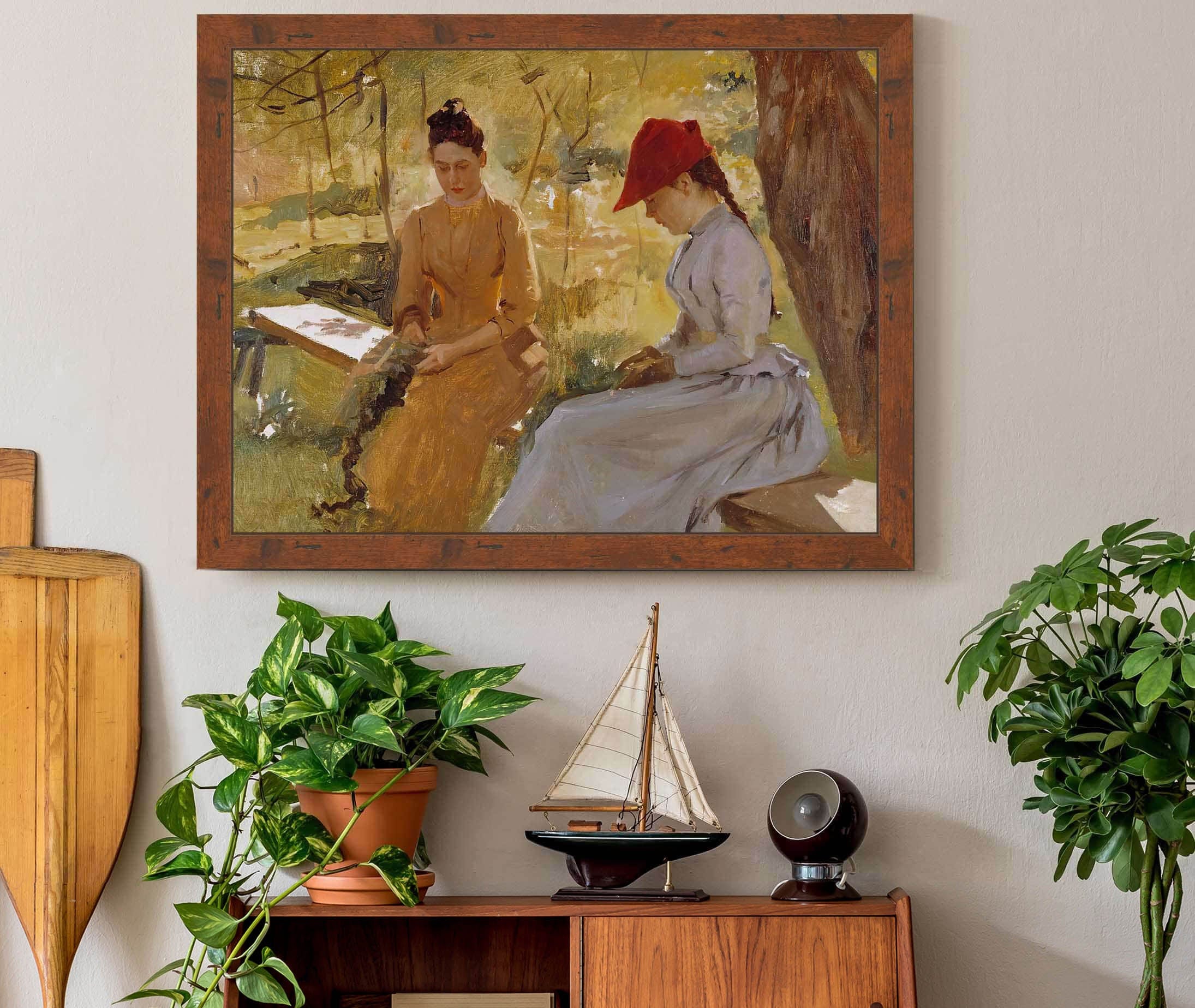 The Artists Sisters Annie And Berta Binding Garlands by Albert Edelfelt