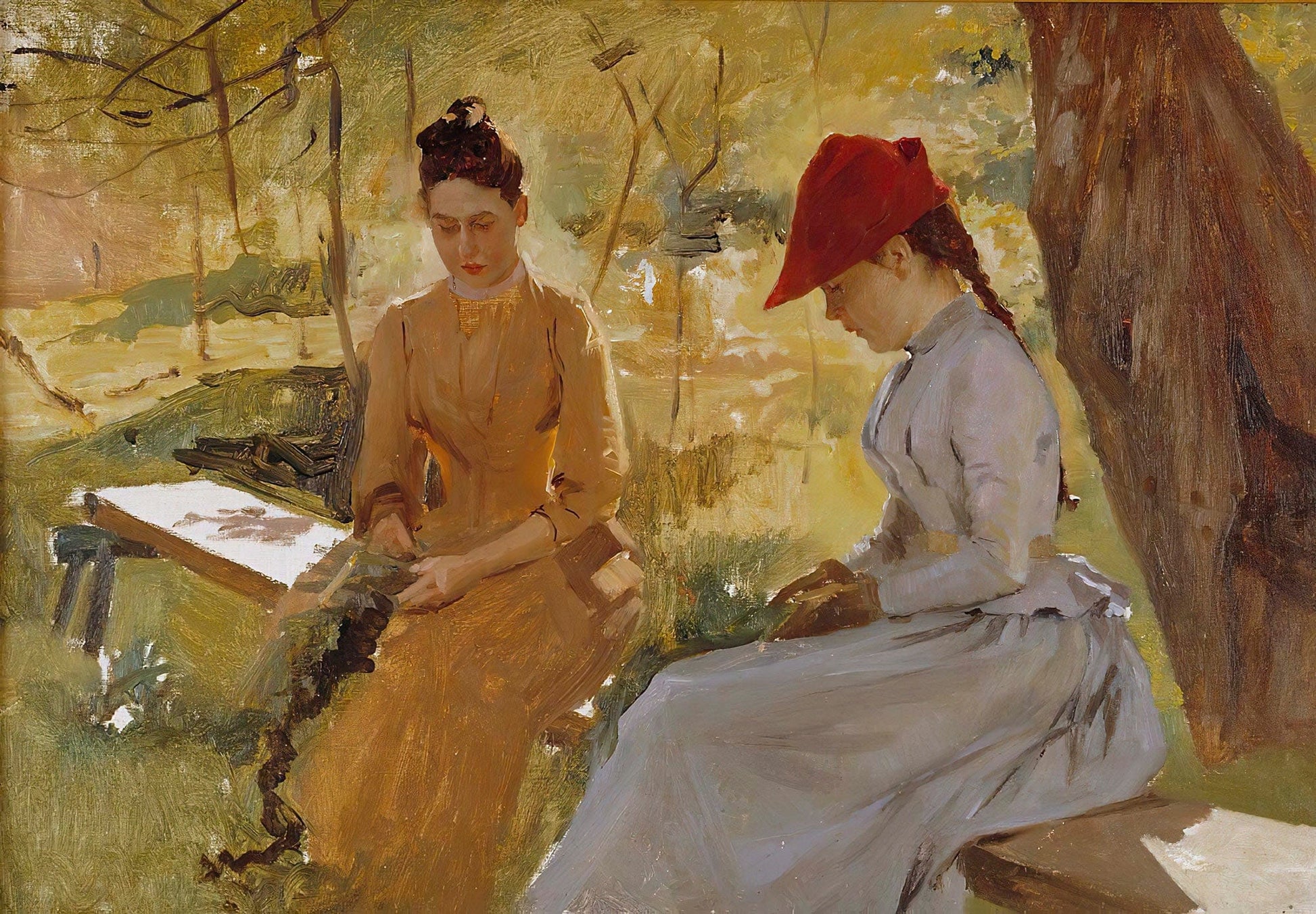The Artists Sisters Annie And Berta Binding Garlands by Albert Edelfelt