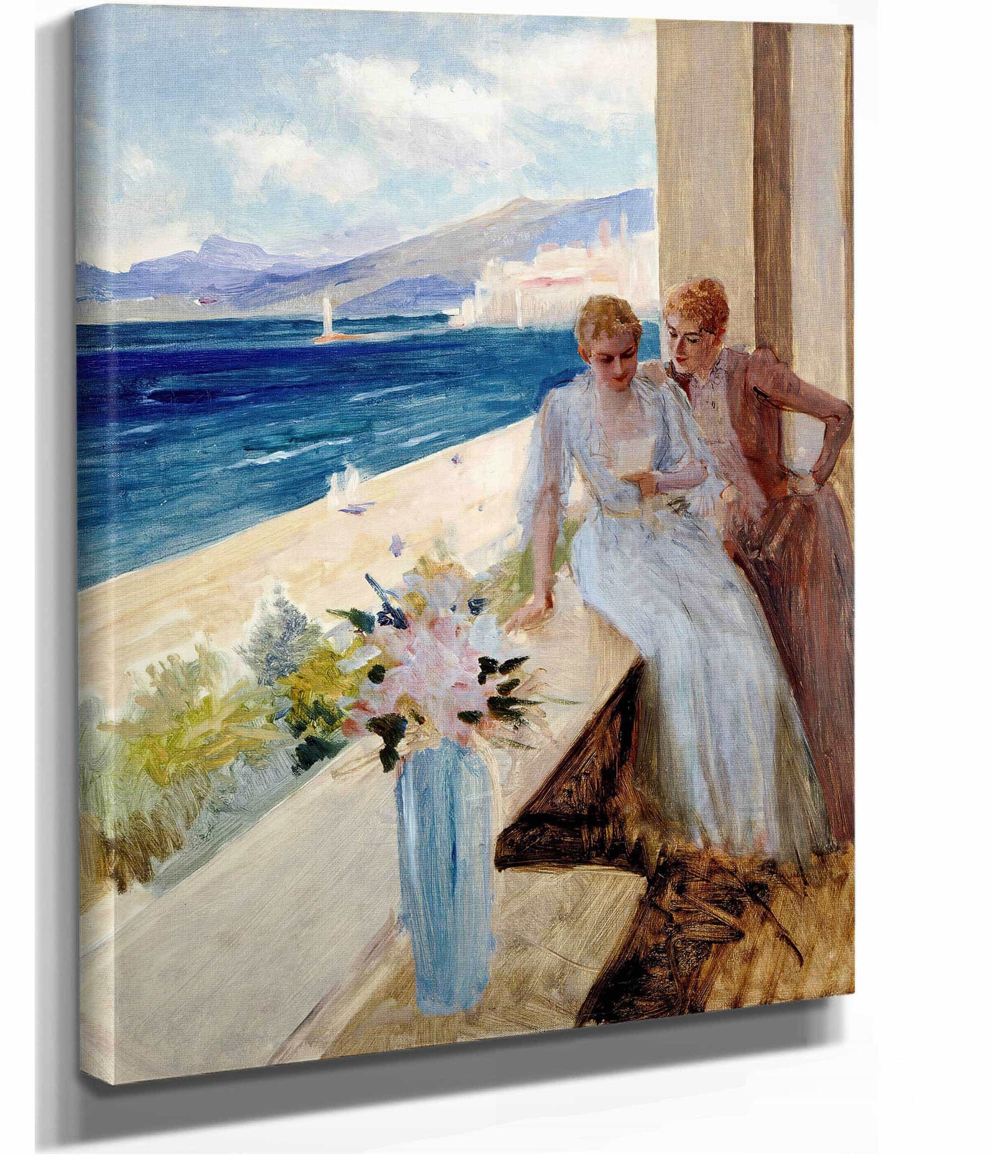 The Artists Wife And Emilie Von Etter On The Balcony In Cannes by Albert Edelfelt