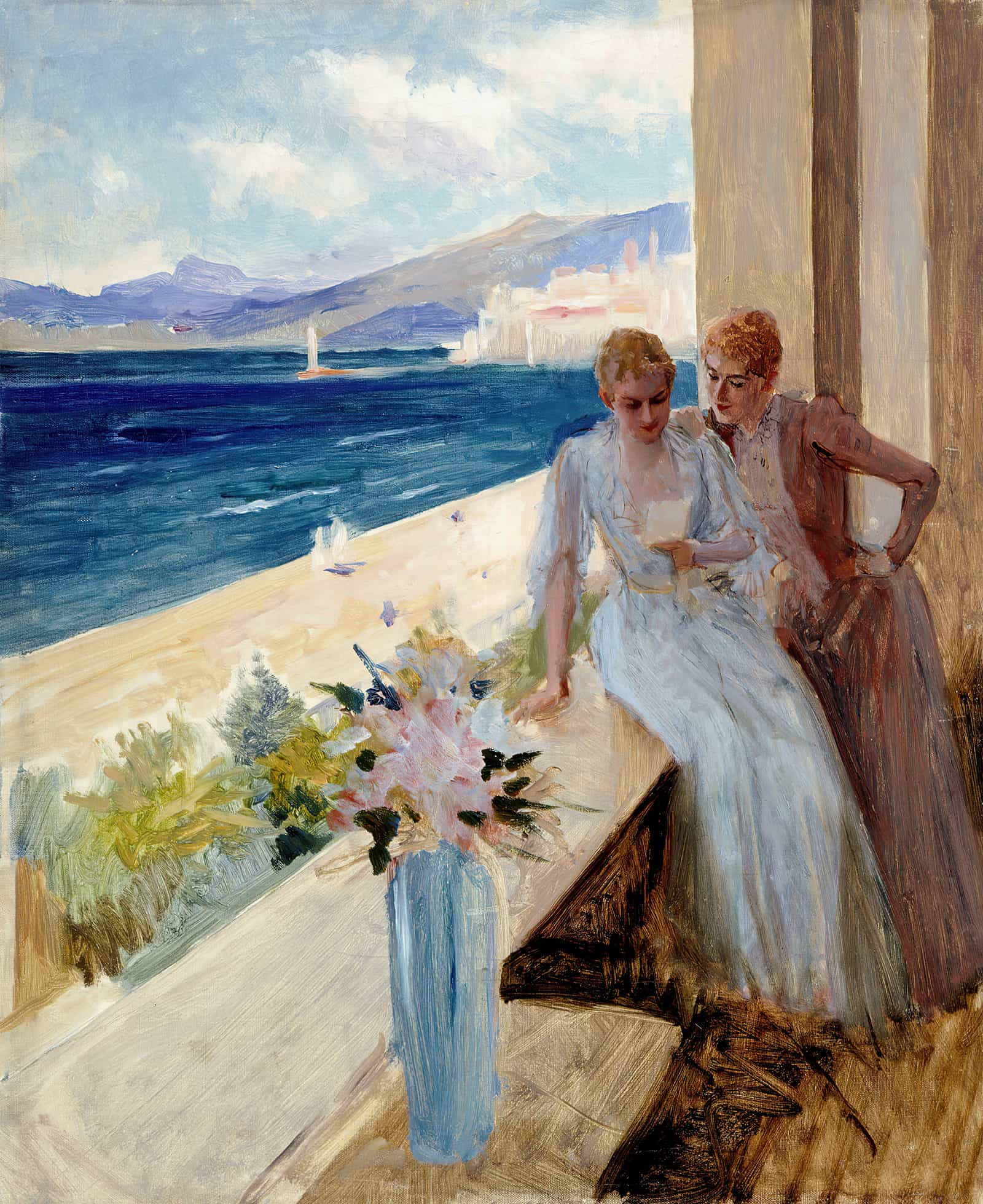 The Artists Wife And Emilie Von Etter On The Balcony In Cannes by Albert Edelfelt