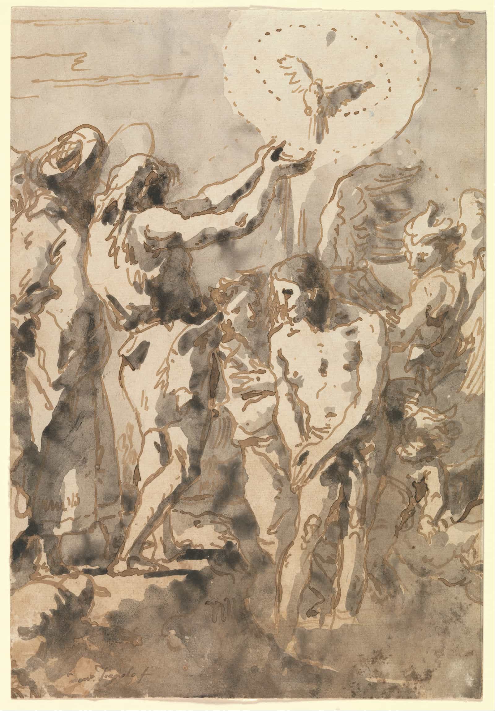 The Baptism Of Christ With Saint John Without His Cross In Profile To The Right   by Giovanni Domenico Tiepolo