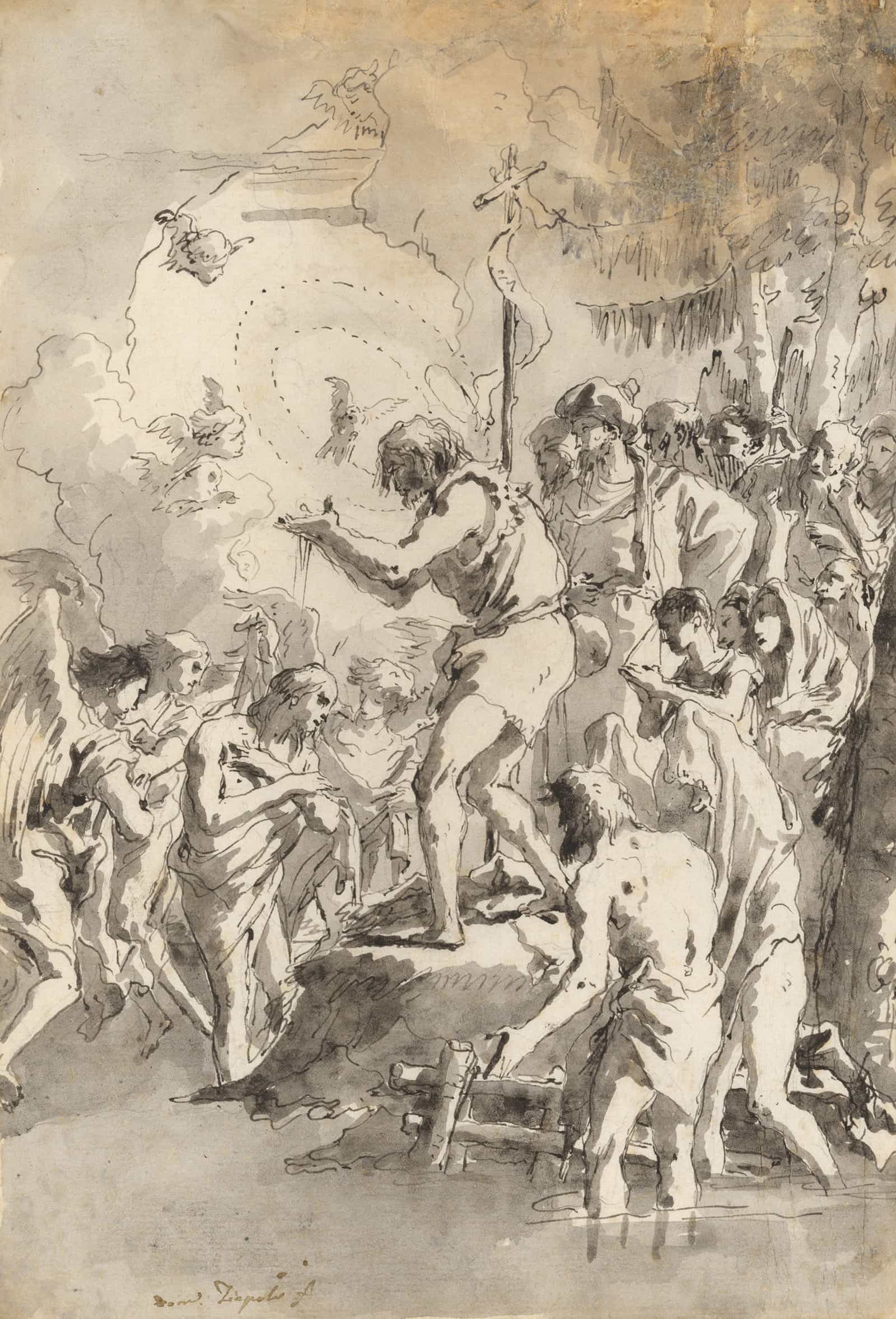The Baptism Of Christ With Three Angels Attending Him   by Giovanni Domenico Tiepolo
