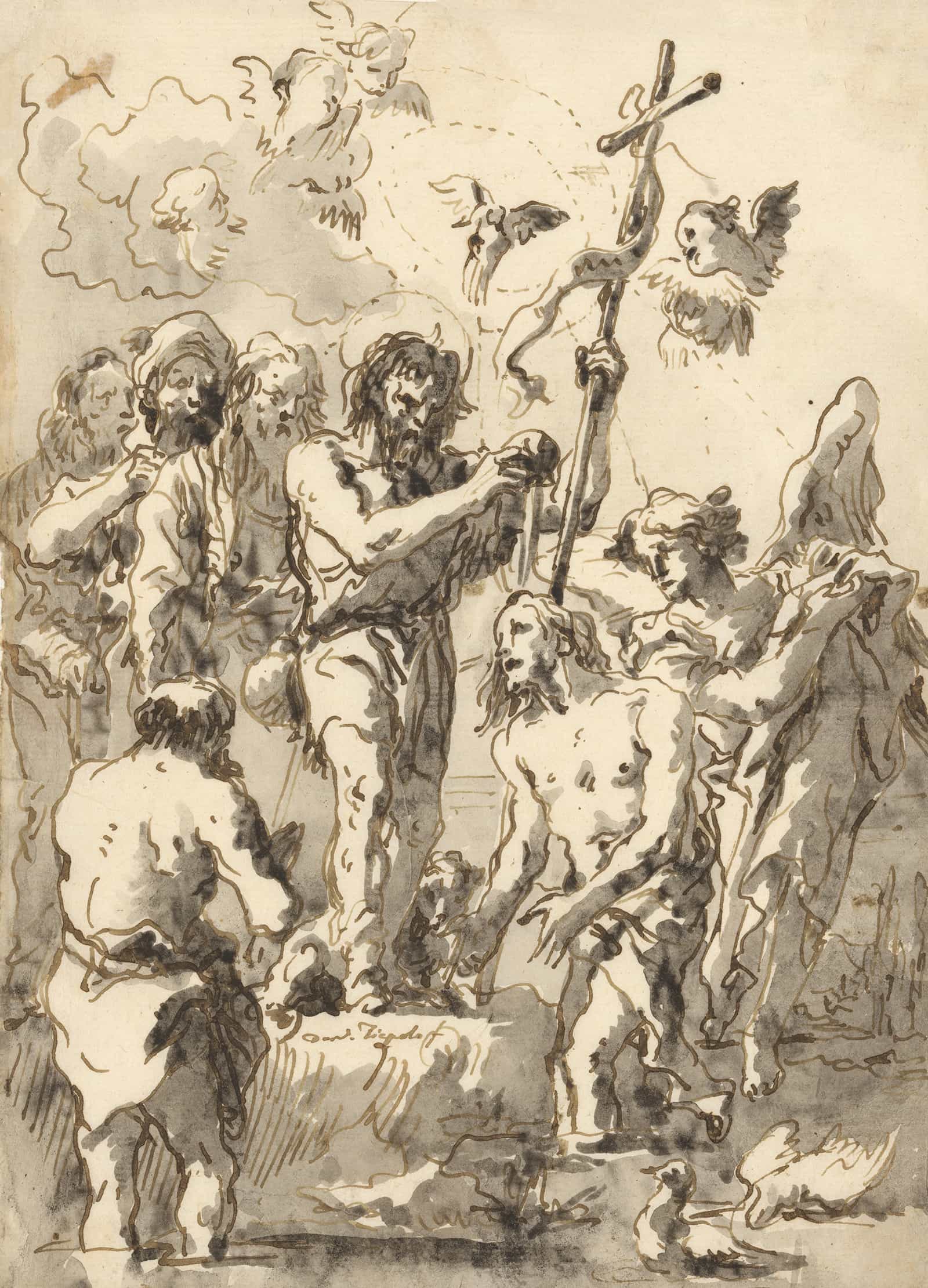 The Baptism Of Christ With Two Ducks In The Water At Lower Right   by Giovanni Domenico Tiepolo