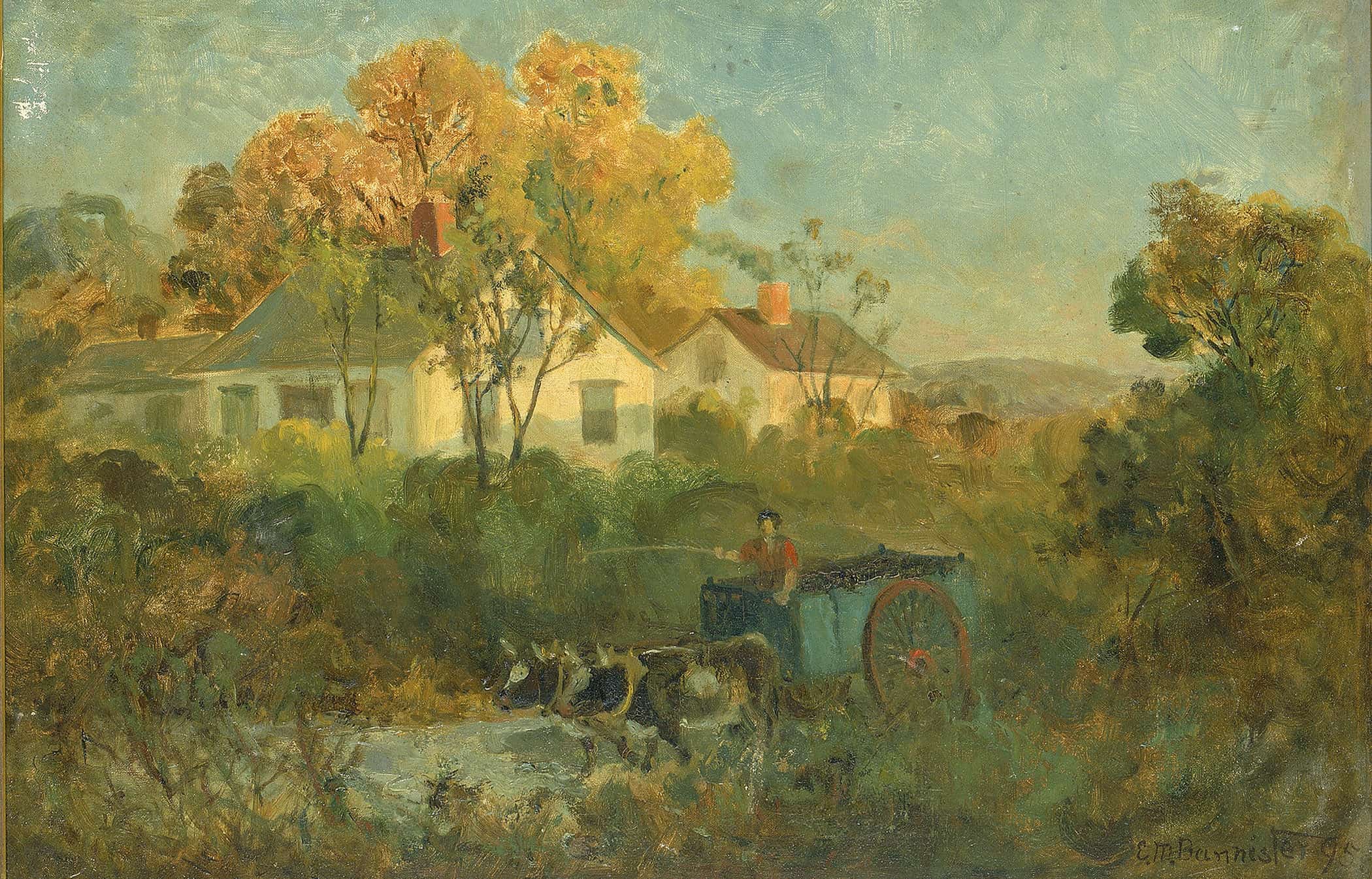 The Drinking Pool Man In Cart With Oxen At Pool by Edward Mitchell Bannister