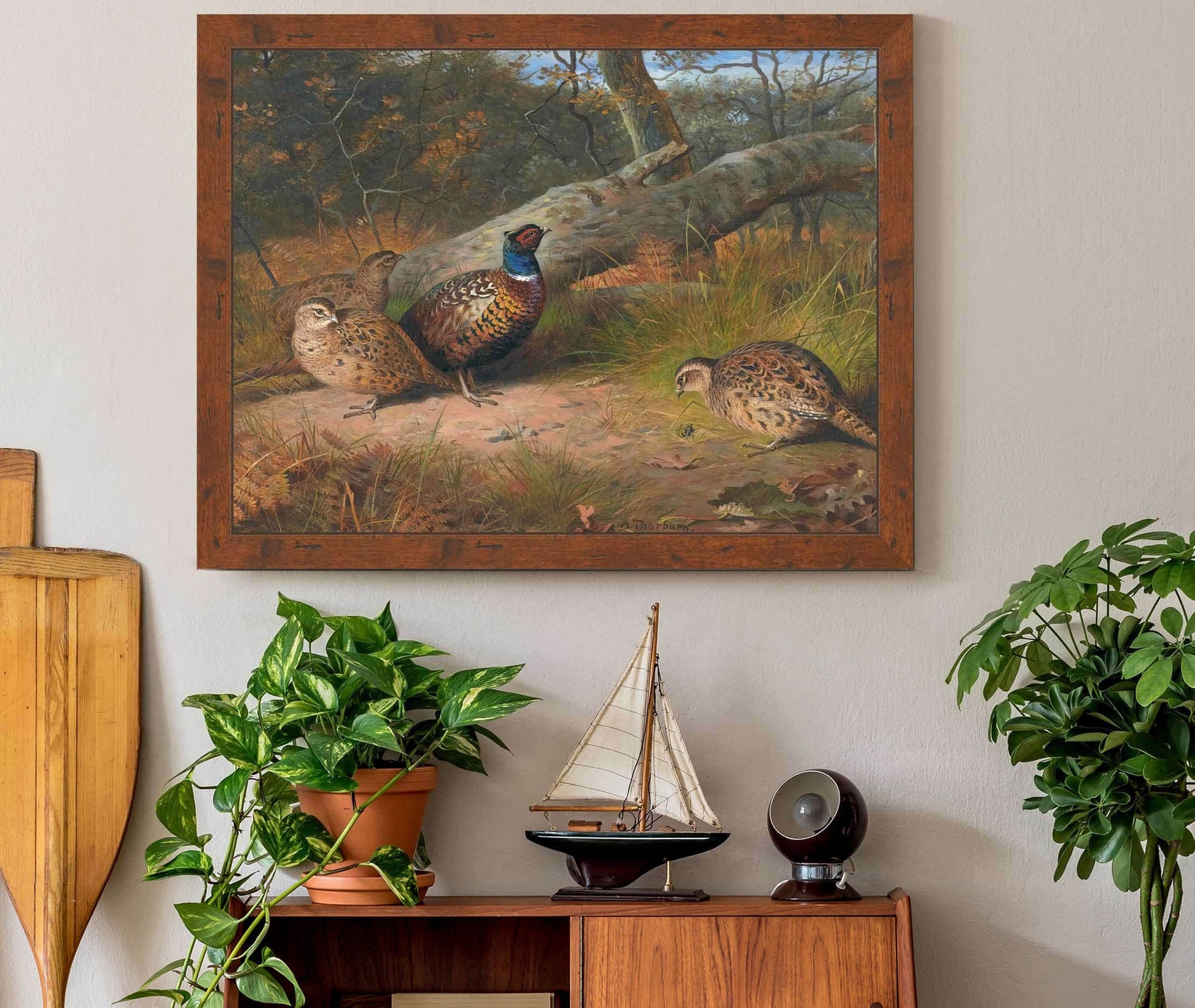 The Fallen Beech A Cock And Three Hen Pheasants With A Wasp by Archibald Thorburn