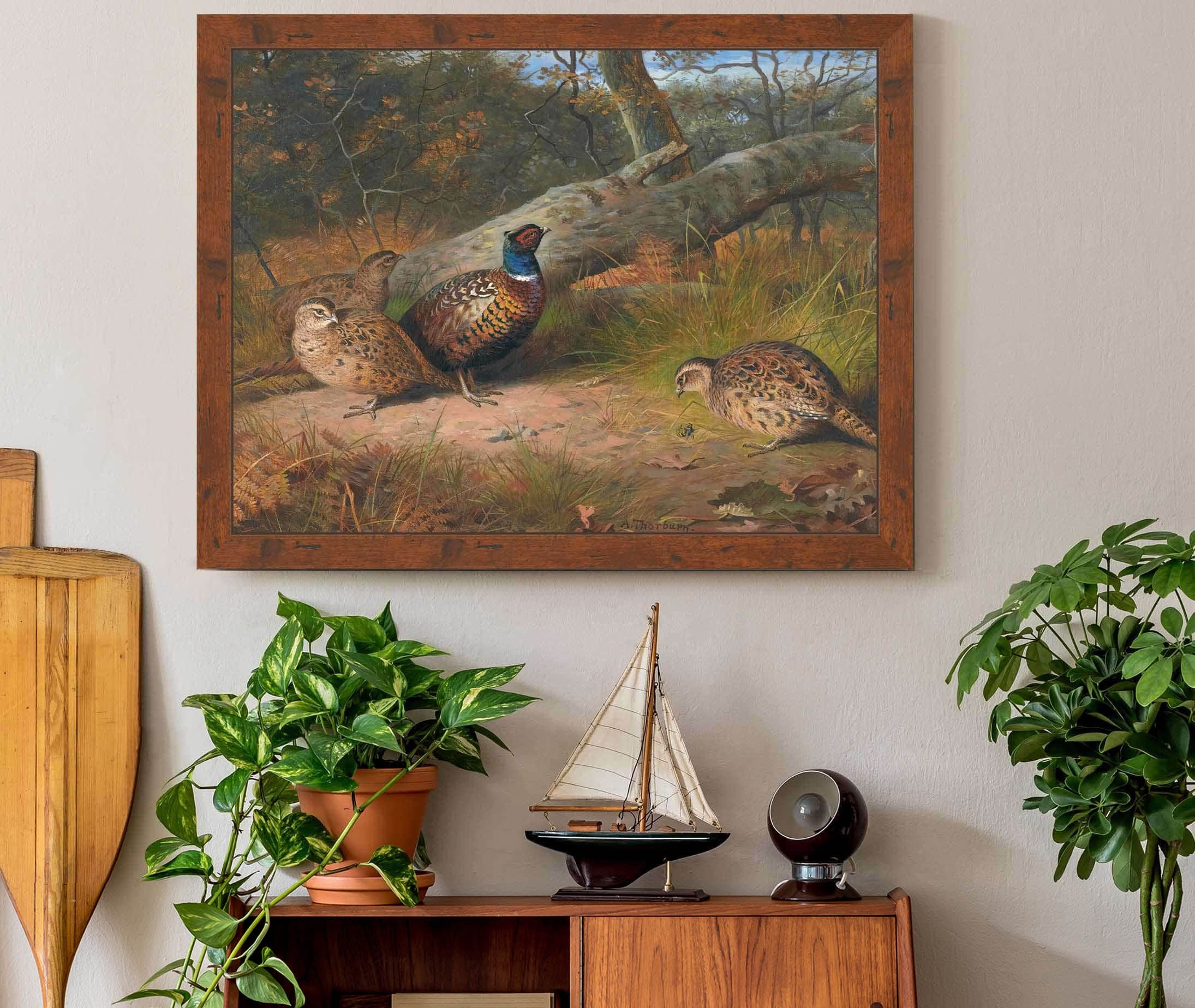 The Fallen Beech A Cock And Three Hen Pheasants With A Wasp by Archibald Thorburn