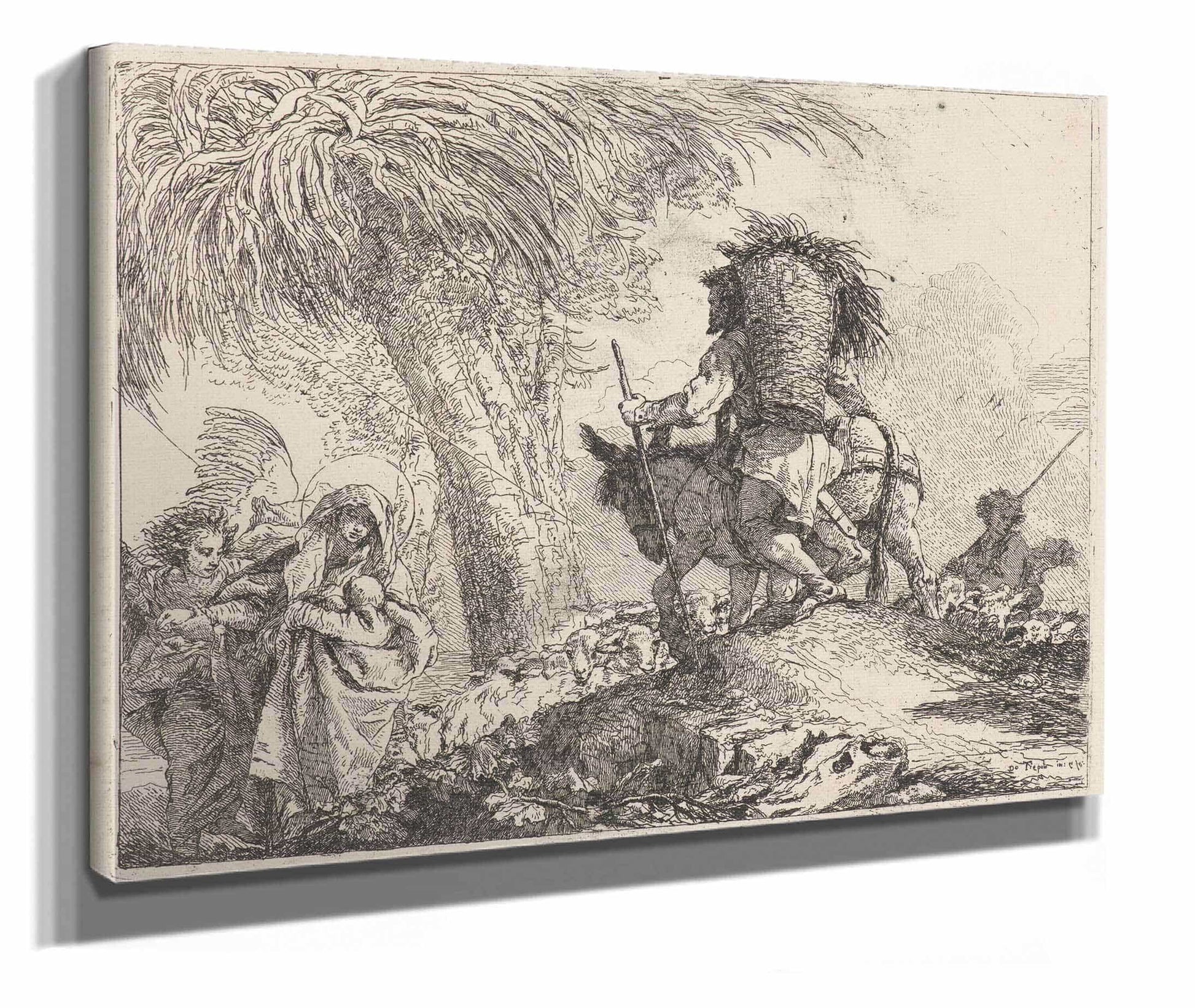 The Flight Joseph At Right And Mary And Angel At Left  by Giovanni Domenico Tiepolo