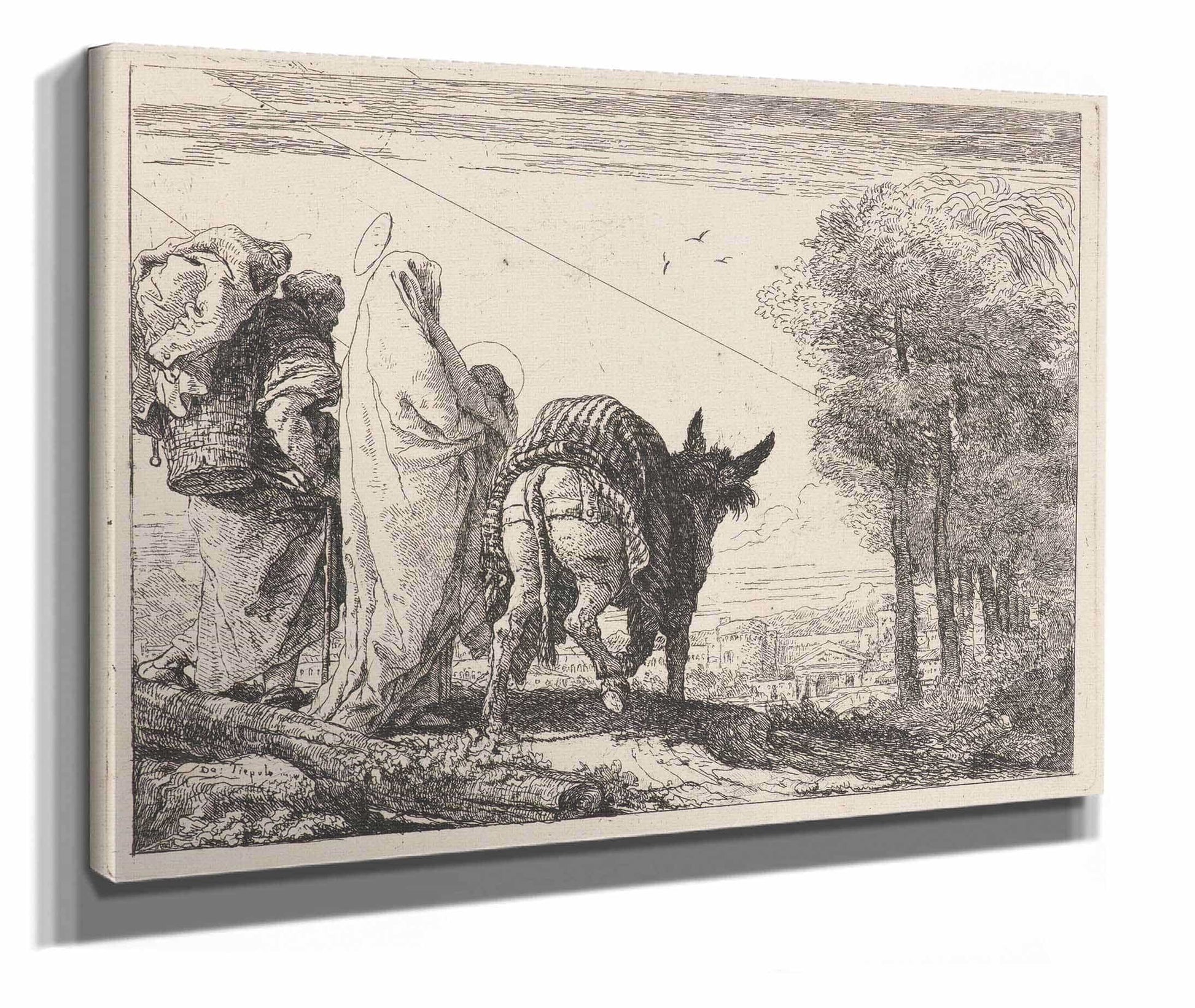 The Flight With The Holy Family At The Left  by Giovanni Domenico Tiepolo