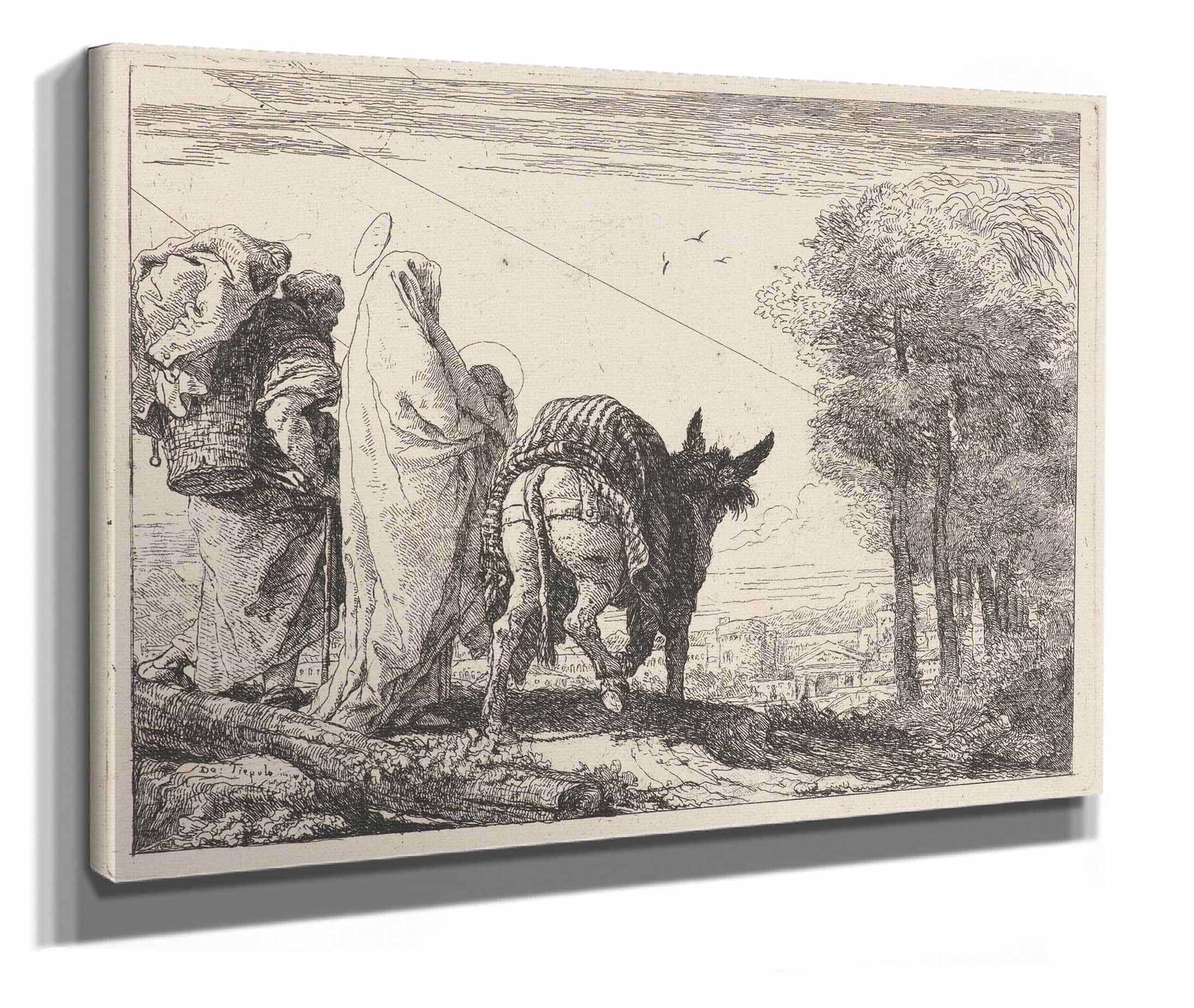 The Flight With The Holy Family At The Left  by Giovanni Domenico Tiepolo
