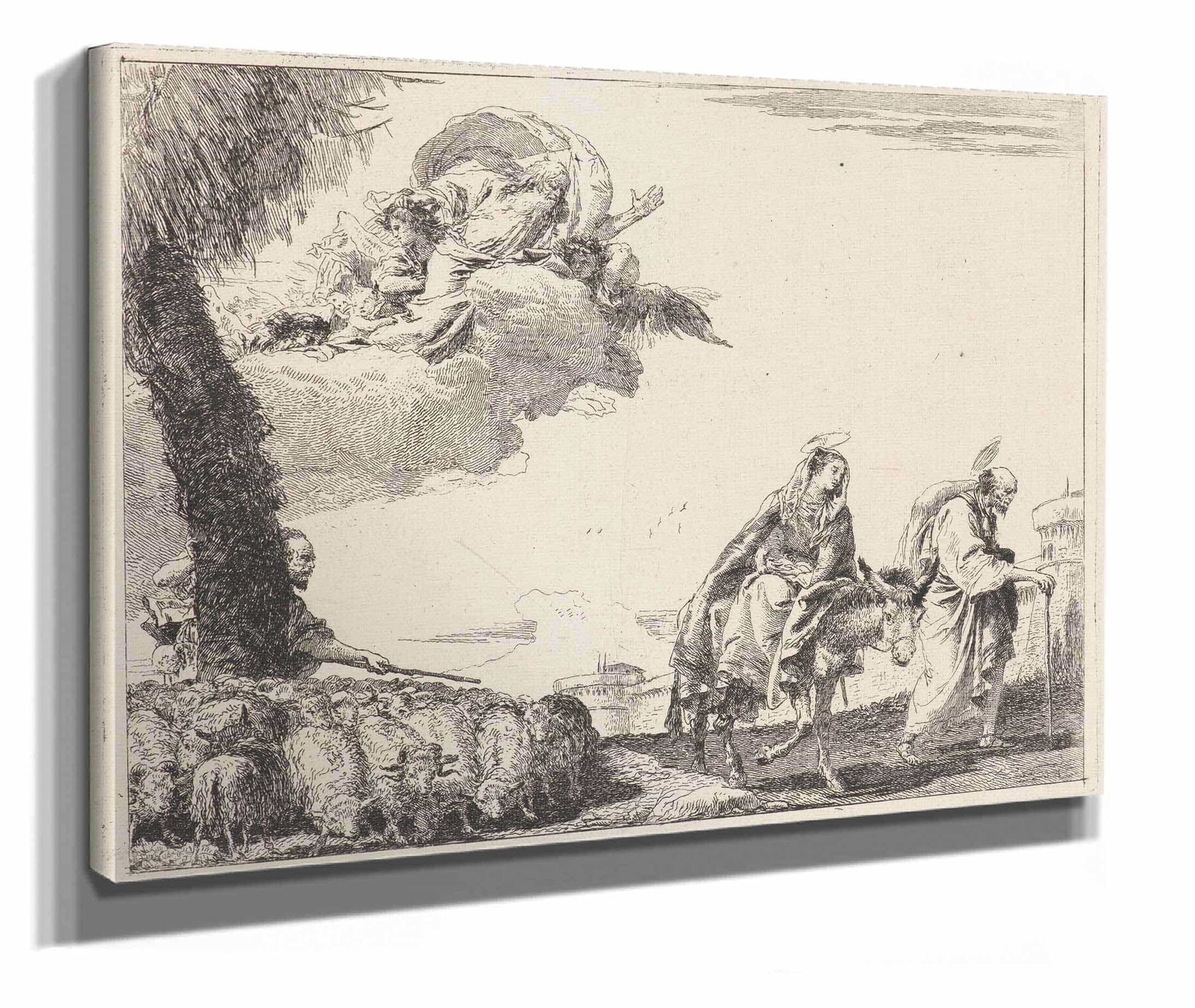 The Flight With The Holy Family At The Right  by Giovanni Domenico Tiepolo