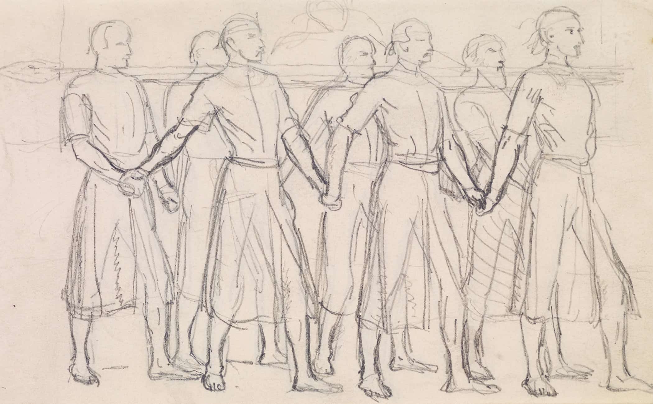 The Head Of Bran By George Meredith Study Of Seven Princes Carrying The Head Of Bran by Sir John Everett Millais