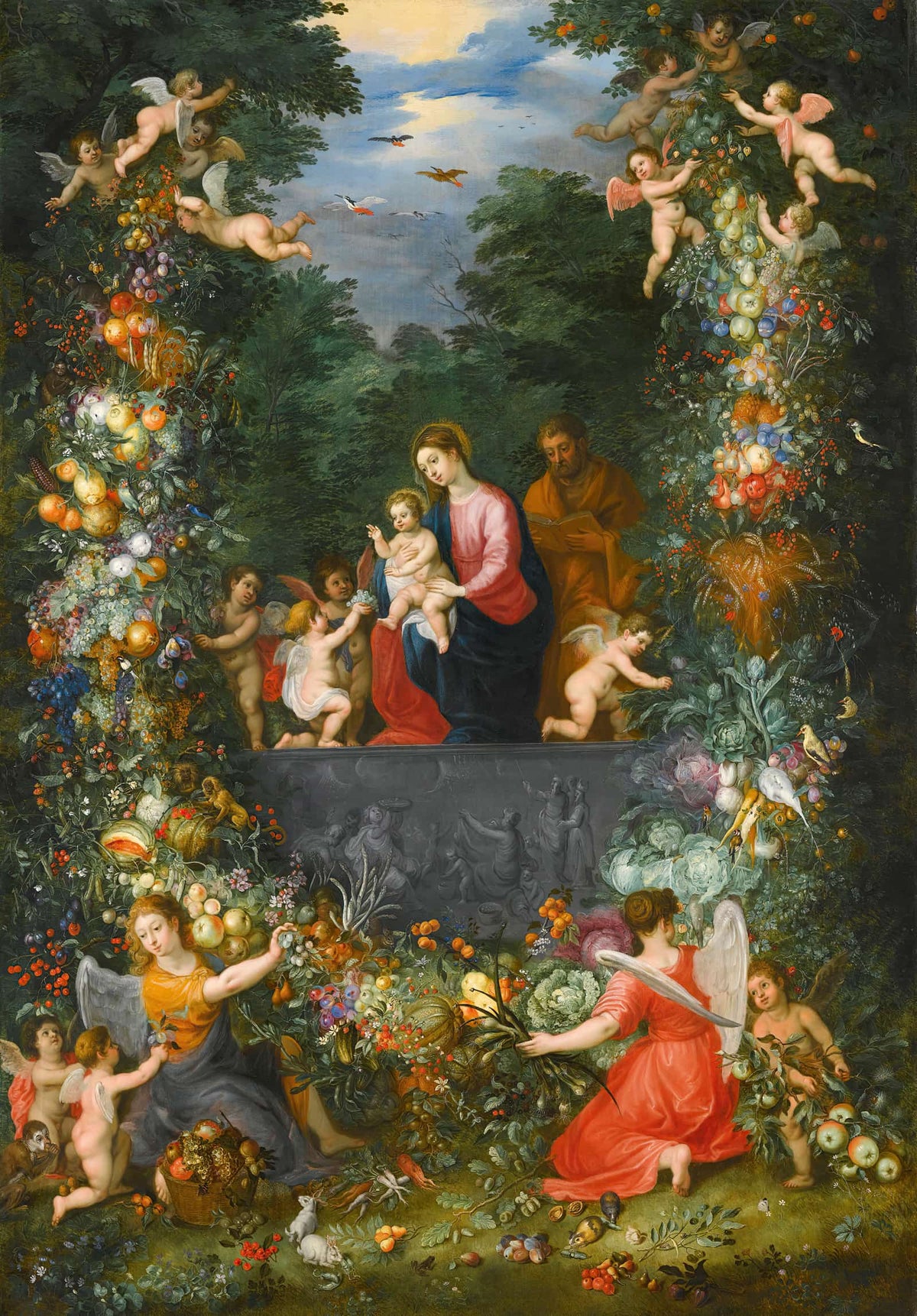 The Holy Family Within A Garland Of Fruit Flowers And Vegetables Held By Angels by Jan Brueghel The Younger