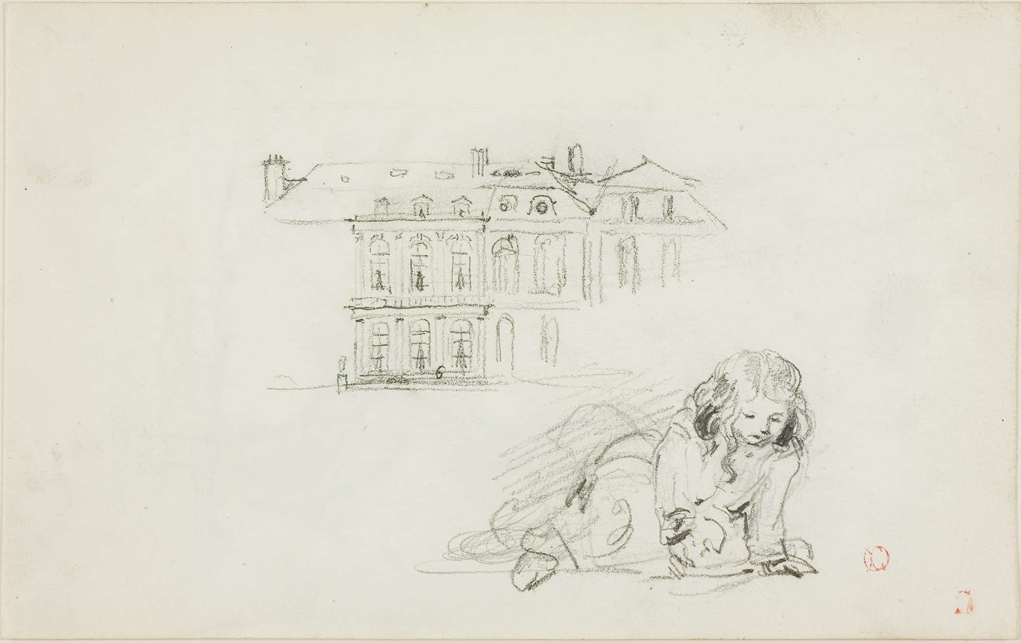 The Hotel De Ville Tours And A Girl Playing by Charles Francois Daubigny