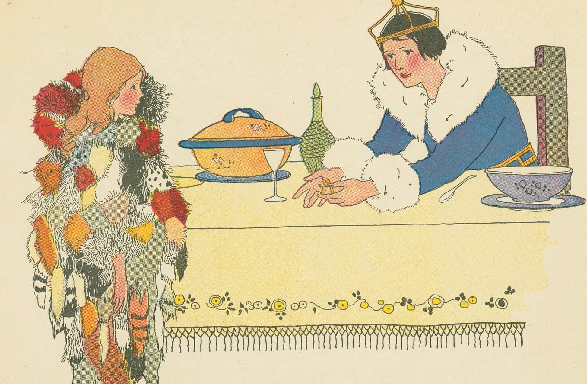 The King Questions Furball About The Golden Spinning Wheel Found In His Bowl Of Soup by Margaret Evans Price