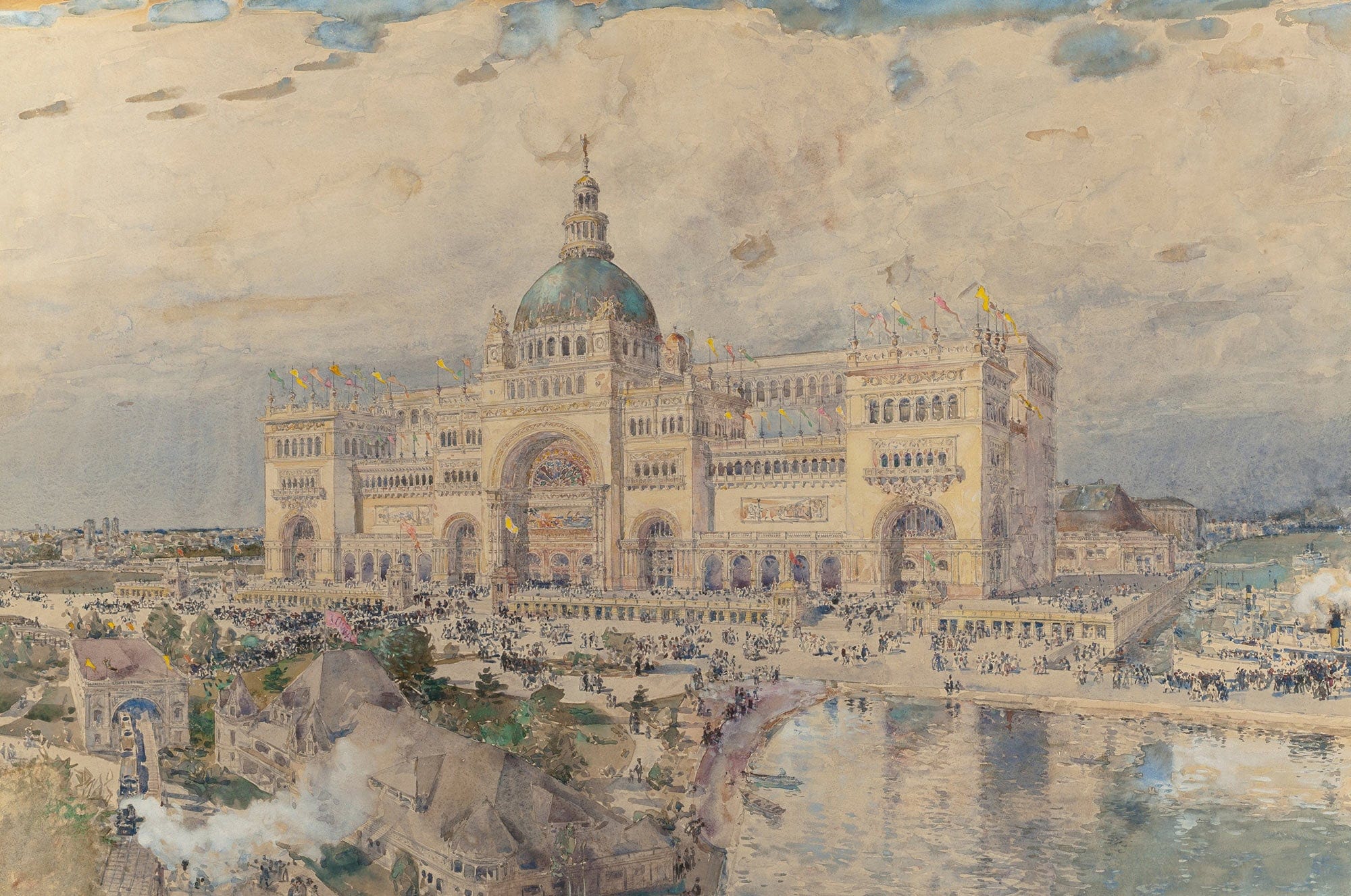 The Mackaye Spectatorium With Iowa Pavillion In Foreground Columbian Exposition by Childe Hassam