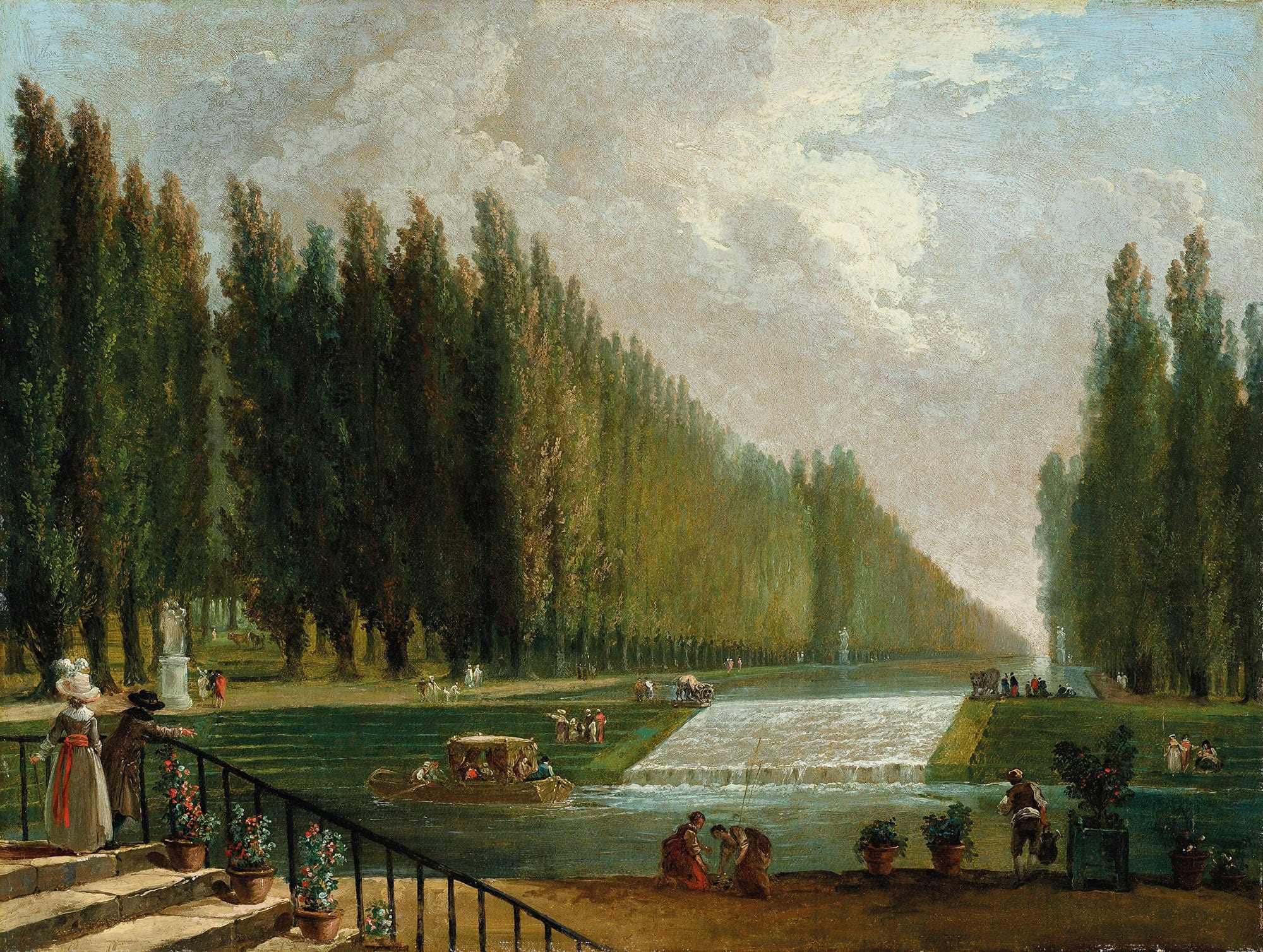 The Park Of A Country Villa With Figures Promenading Near A Cascade Of Water by Hubert Robert
