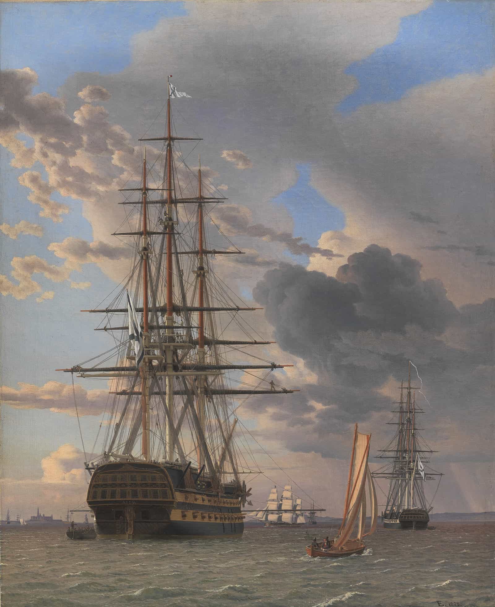 The Russian Ship Of The Line Asow And A Frigate At Anchor Near Elsinore by Christoffer Wilhelm Eckersberg