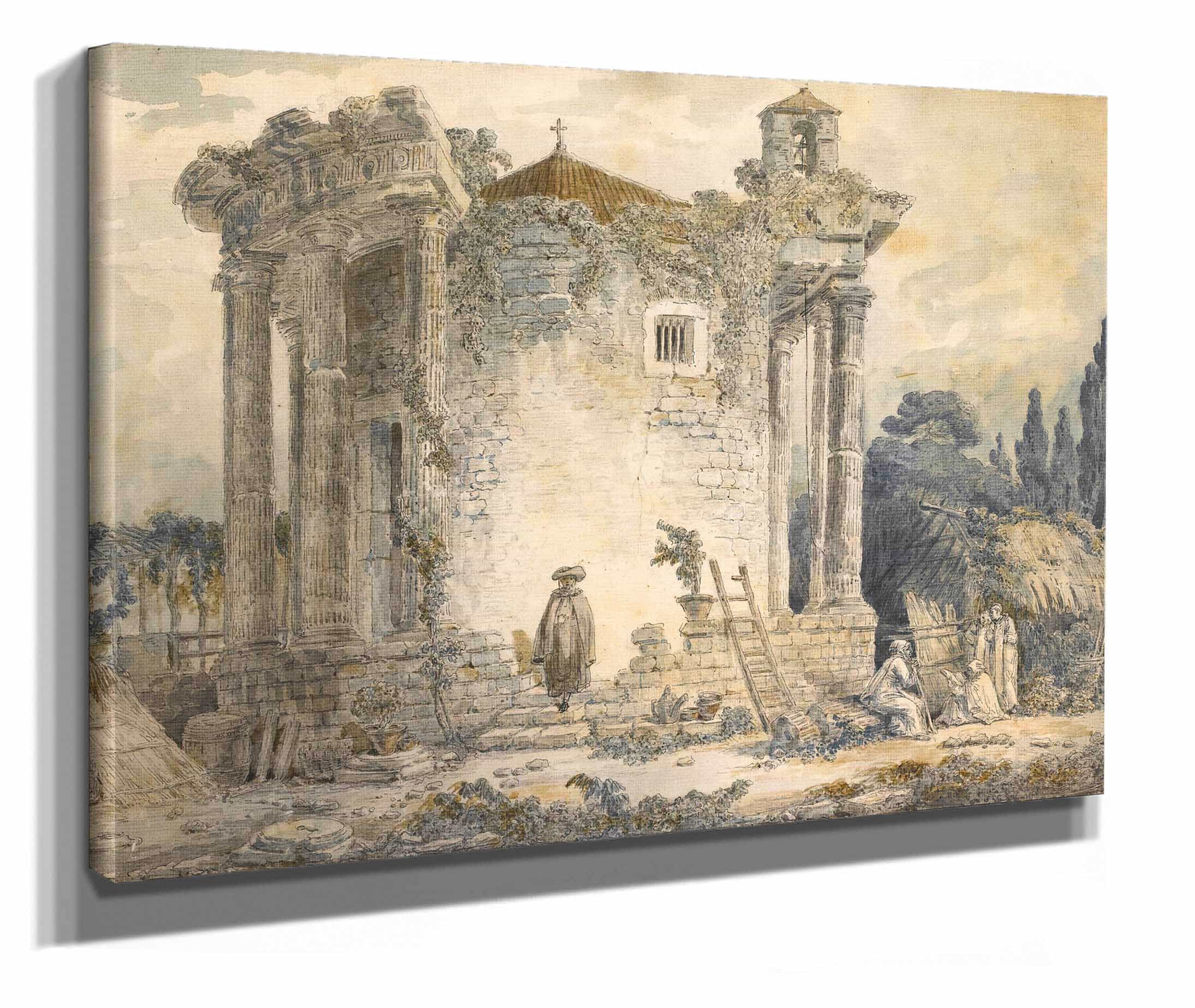 The Temple Of The Sibyl At Tivoli A Man In A Cloak And Hat by Hubert Robert