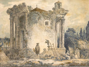 The Temple Of The Sibyl At Tivoli A Man In A Cloak And Hat by Hubert Robert