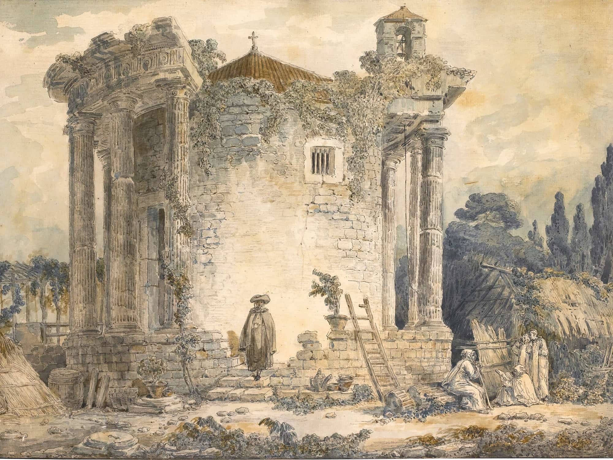 The Temple Of The Sibyl At Tivoli A Man In A Cloak And Hat by Hubert Robert