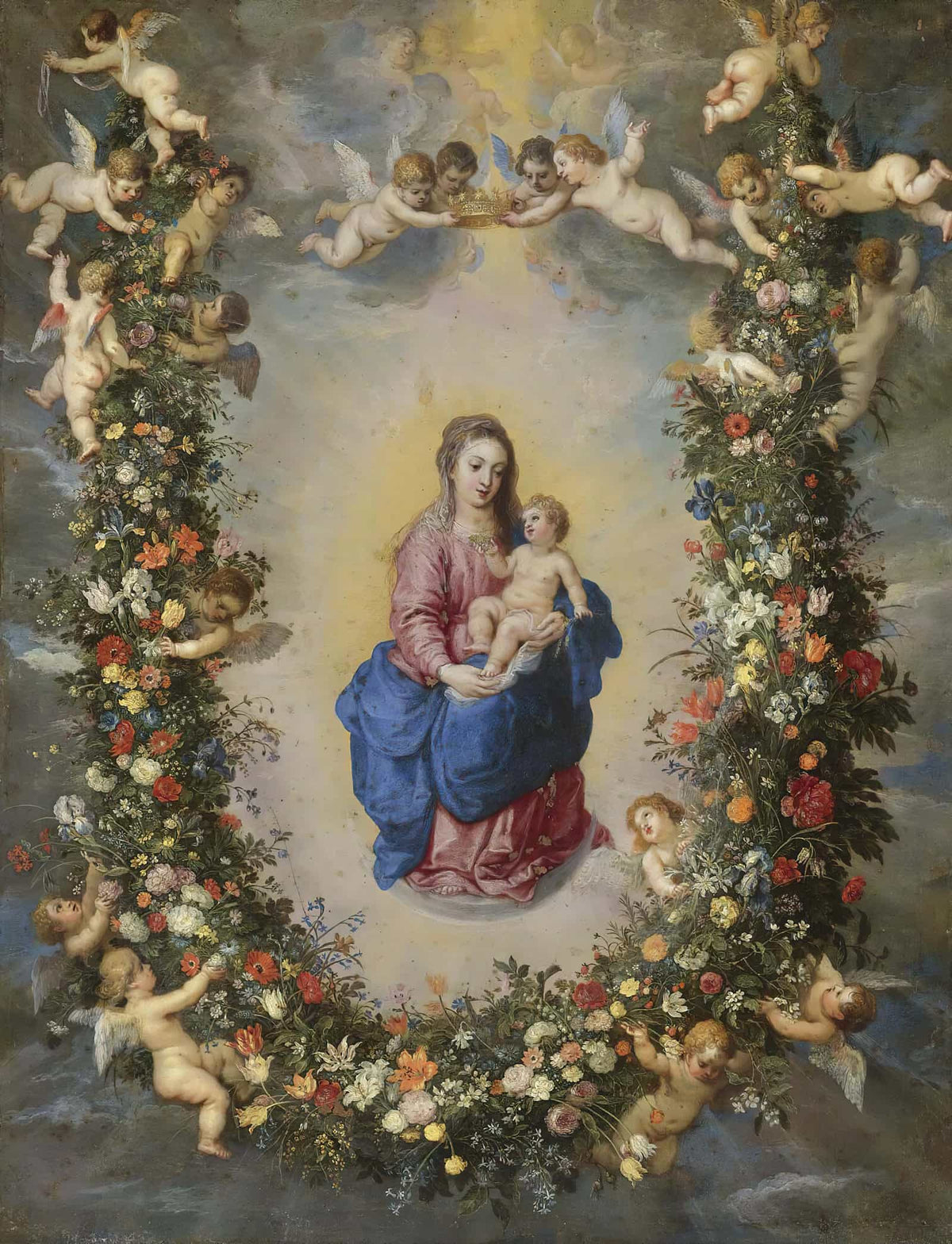 The Virgin And Child Encircled By A Garland Of Flowers Held Aloft By Cherubs by Jan Brueghel The Elder
