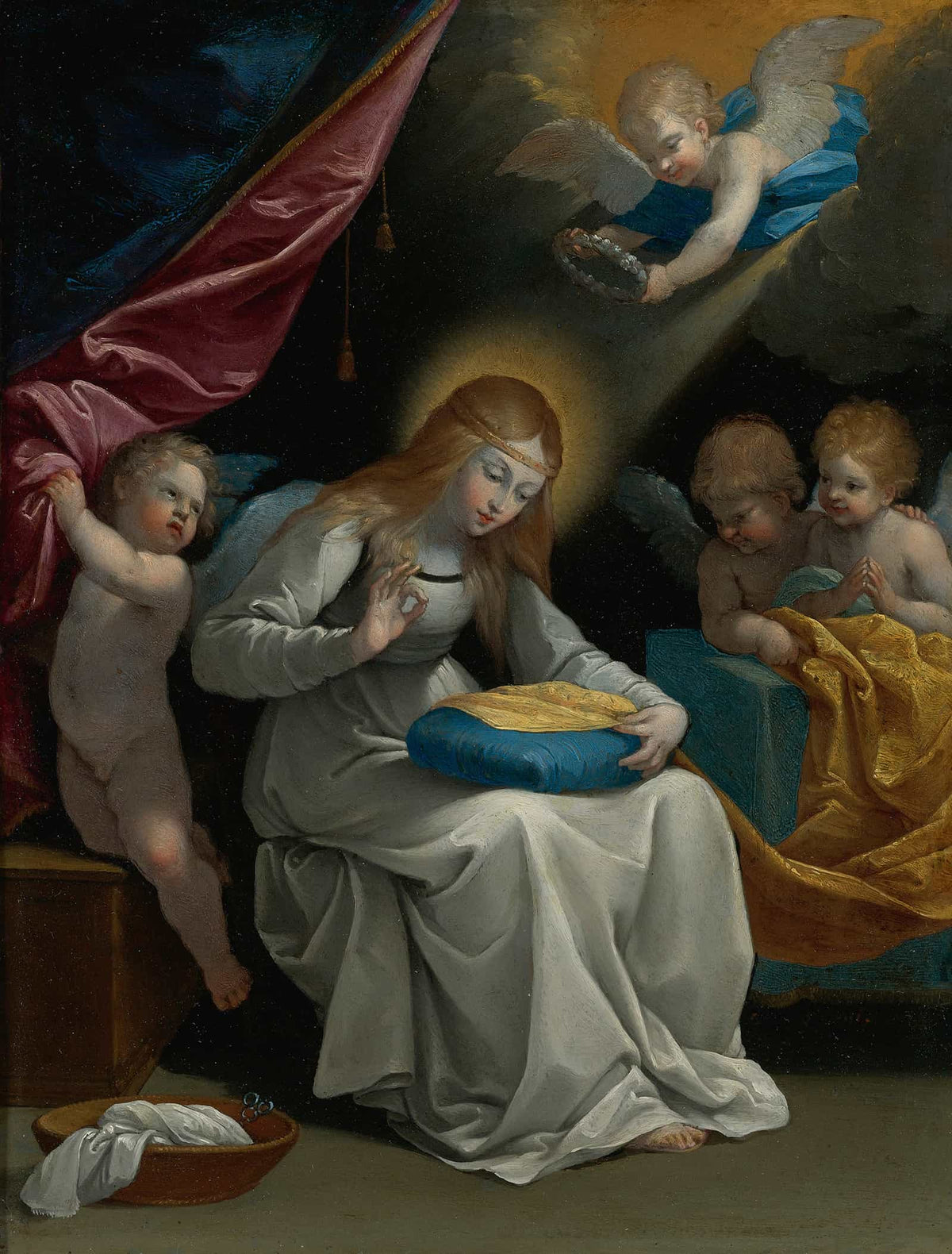 The Virgin Sewing Accompanied By Four Angels Known As La Couseuse by Guido Reni