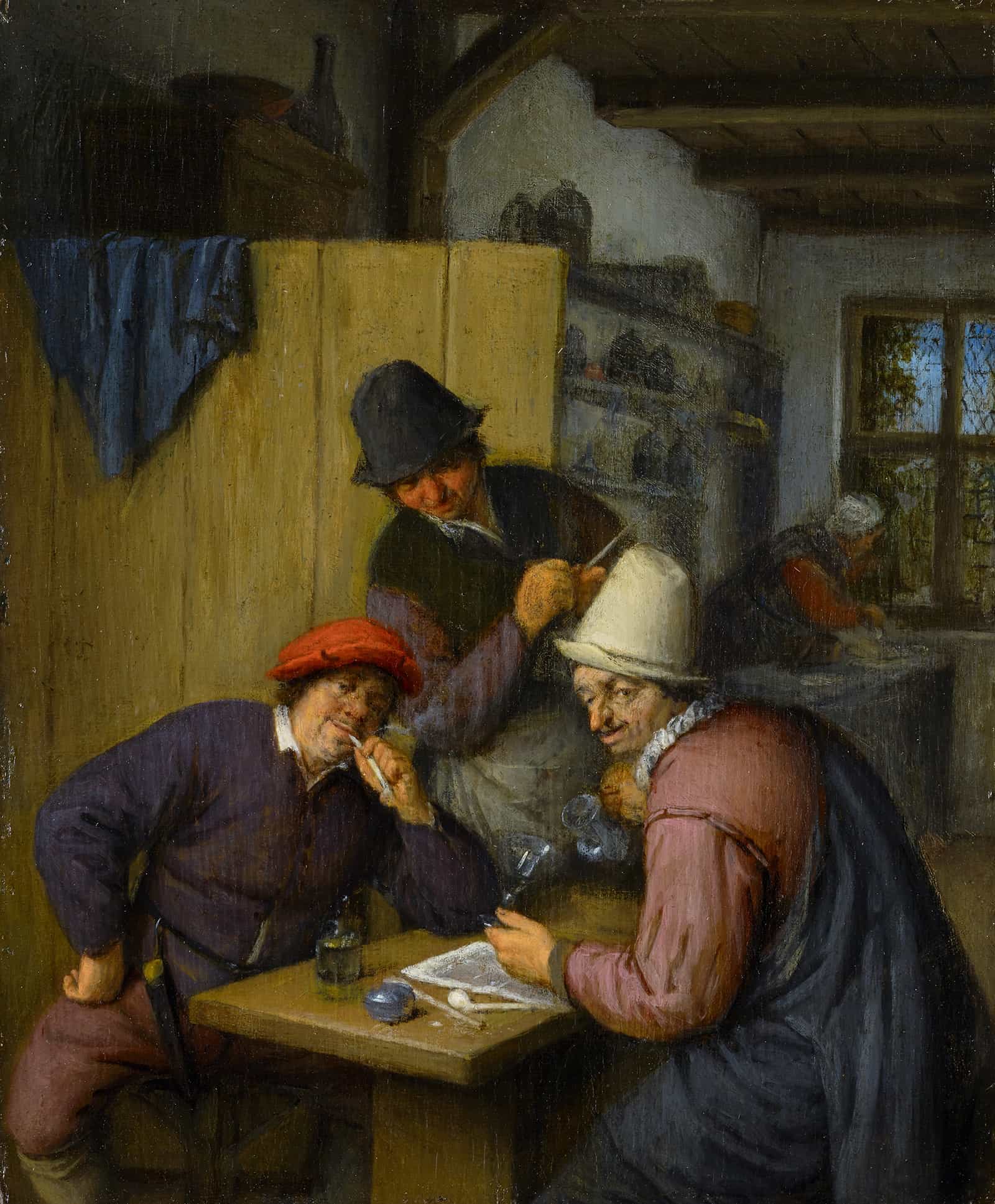 Three Drinking And Smoking Farmers In A Tavern by Adriaen Van Ostade