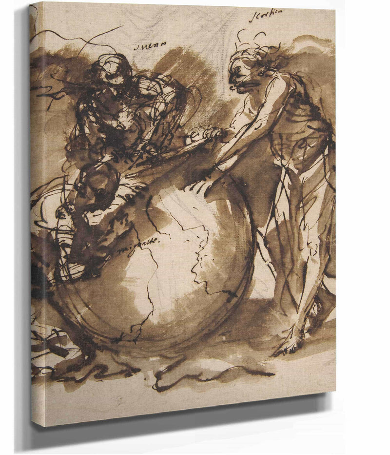 Three Figures Around A Globe   by Salvator Rosa