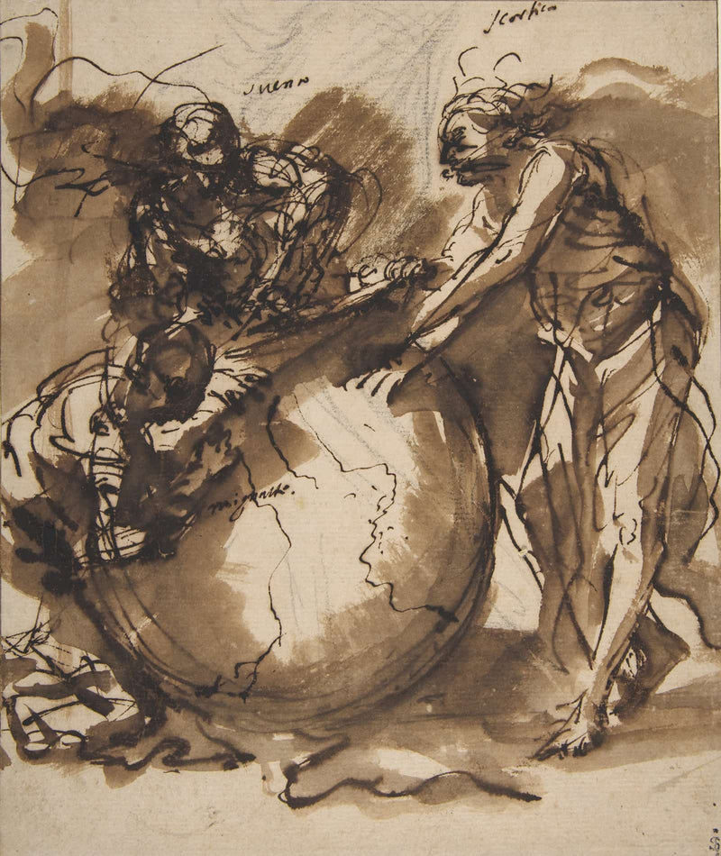 Three Figures Around A Globe   by Salvator Rosa
