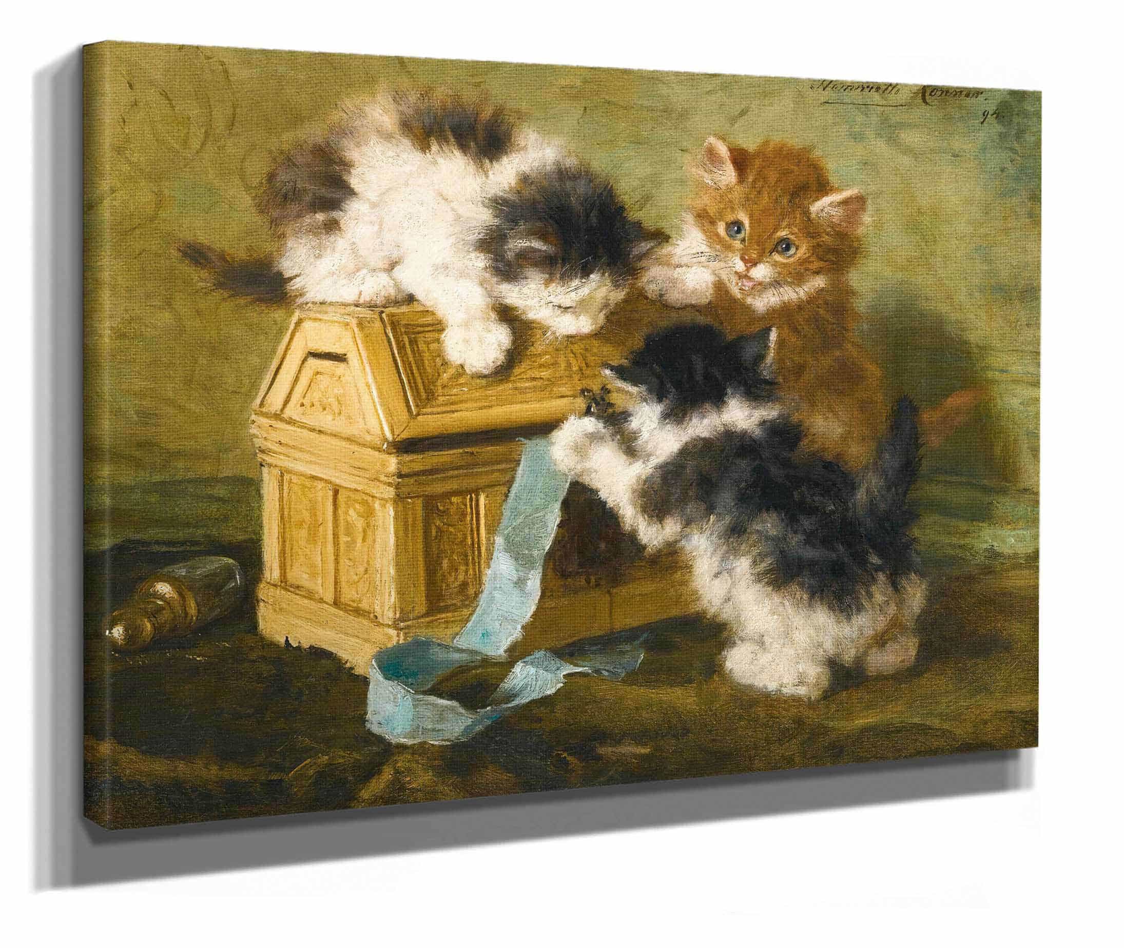 Three Kittens With A Casket And Blue Ribbon by Henriette Ronner Knip