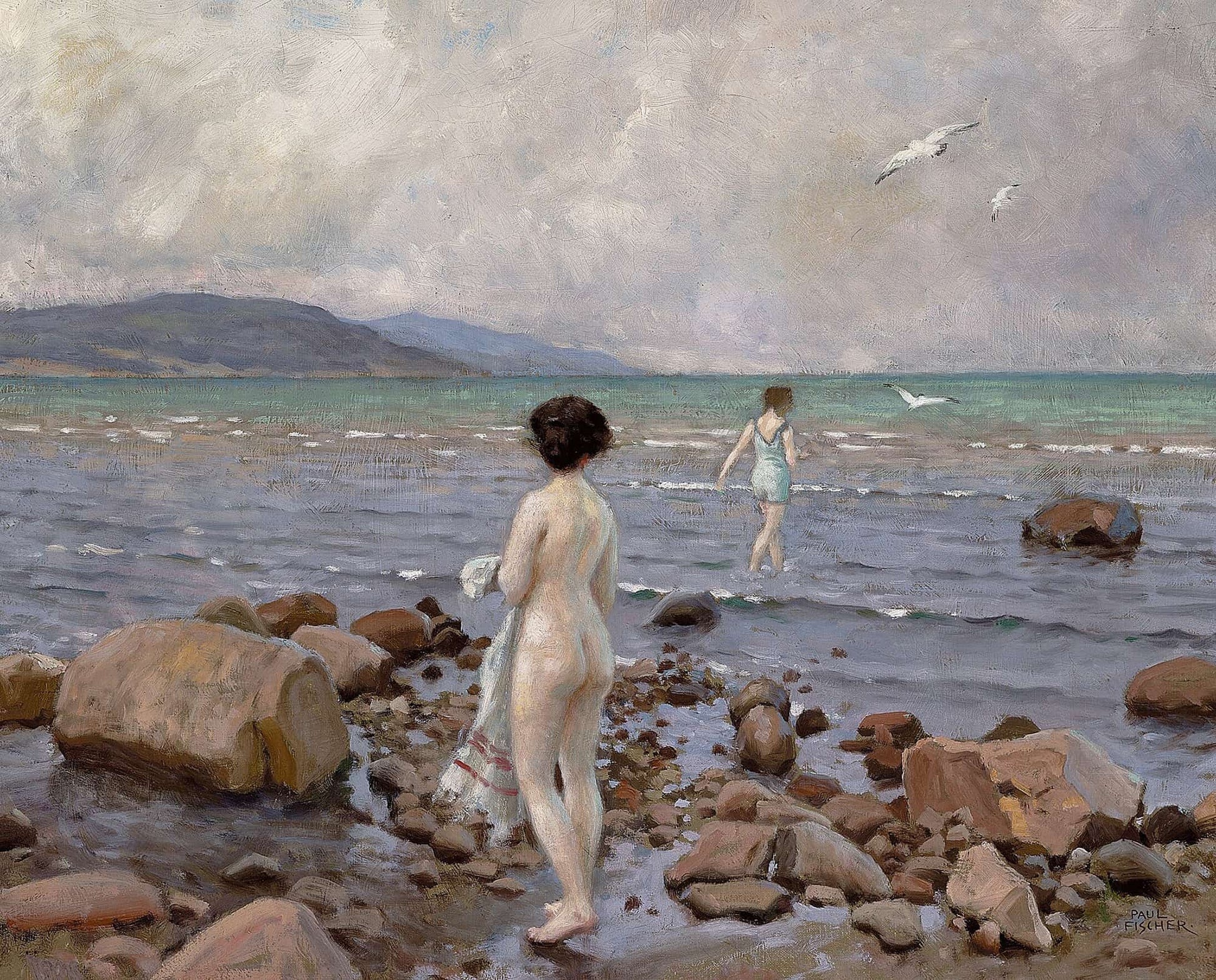 To Badepiger Pa En Stenet Strand by Paul Fischer