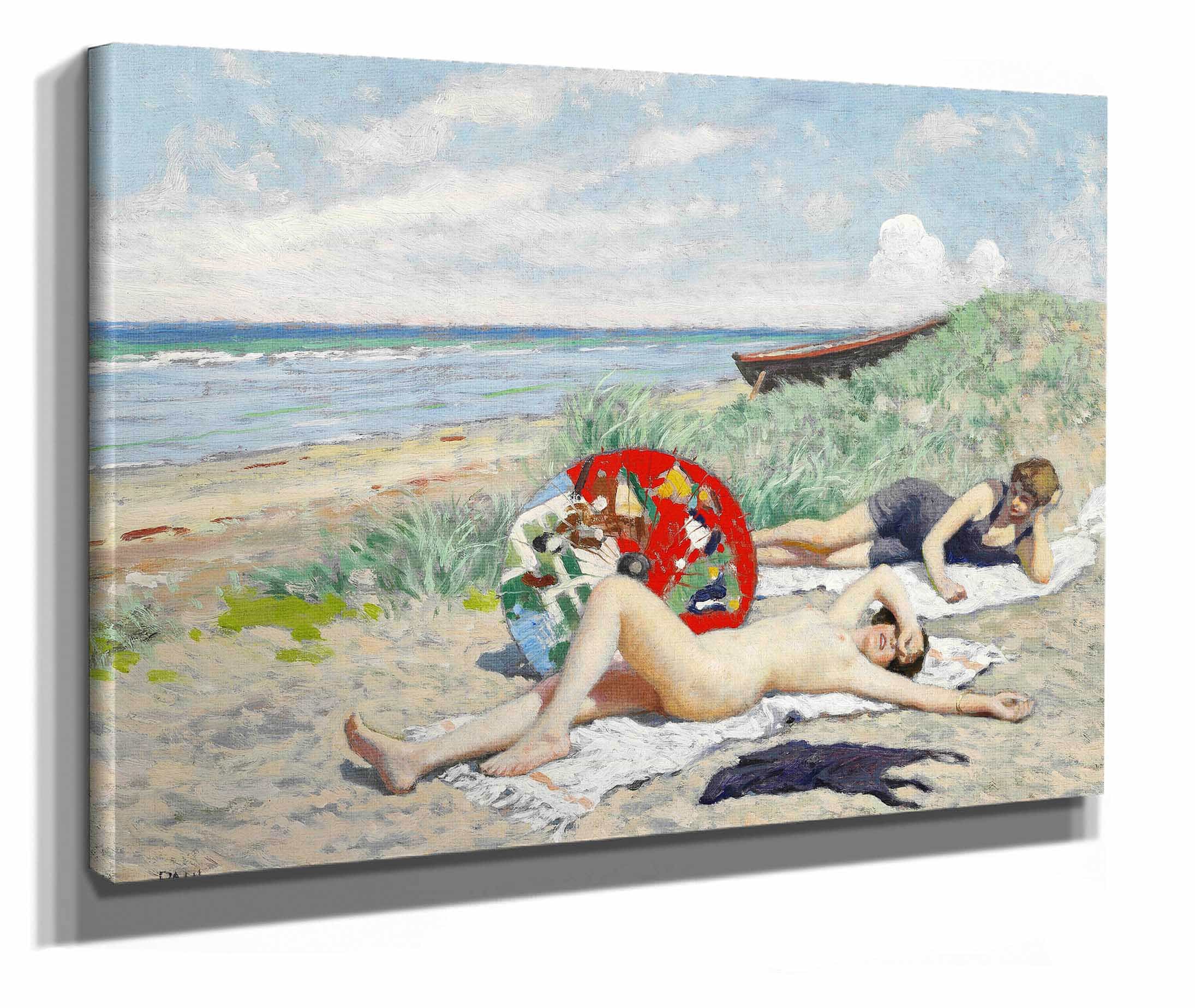 To Piger Og En Japansk Parasol Pa Hornbaek Strand by Paul Fischer