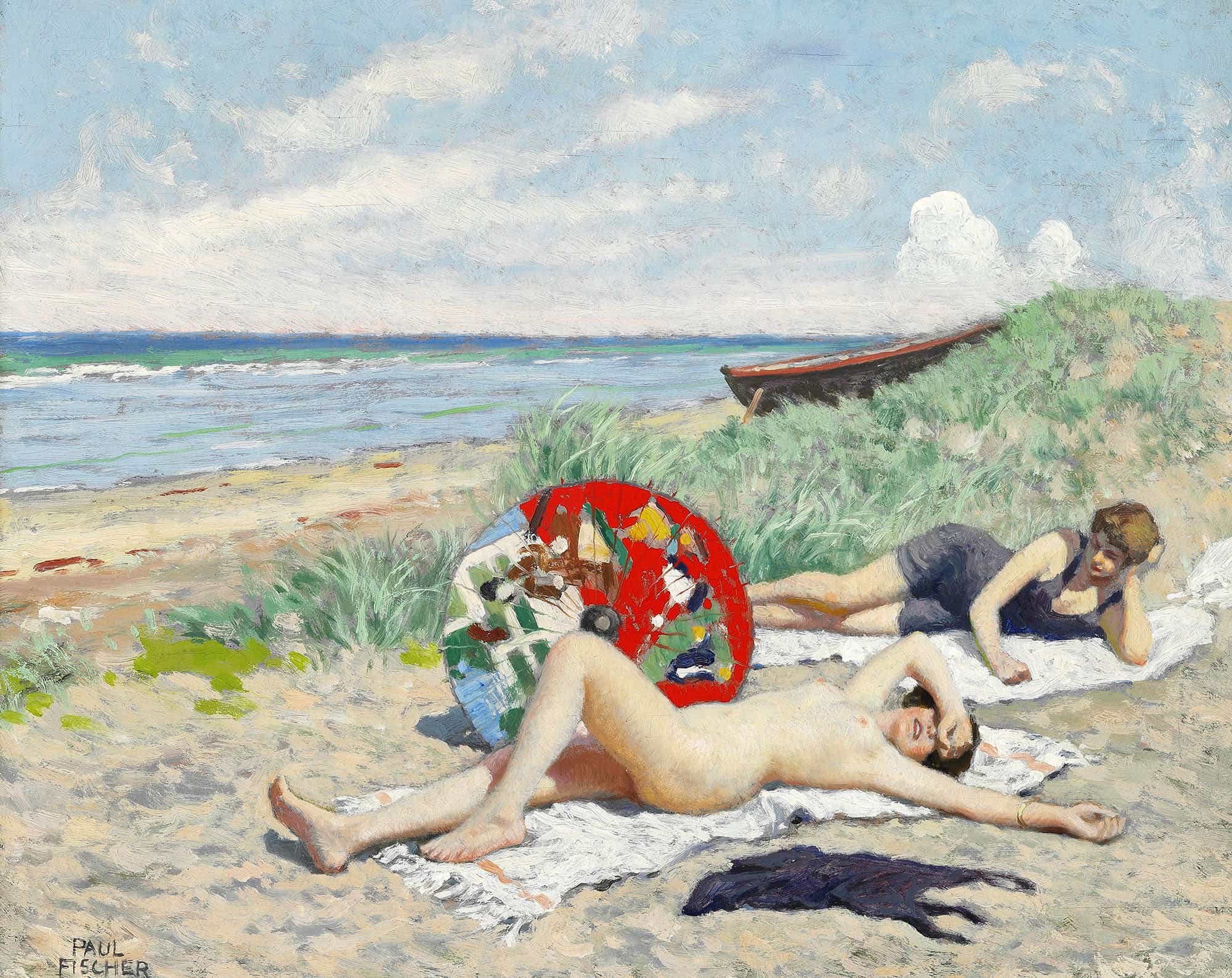 To Piger Og En Japansk Parasol Pa Hornbaek Strand by Paul Fischer
