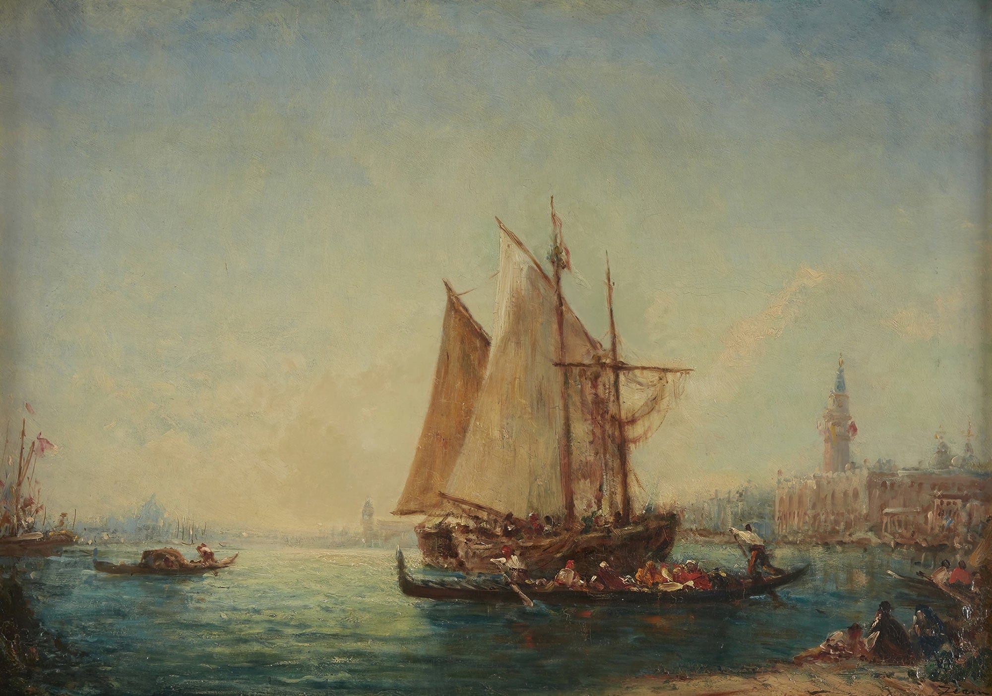 Topo Pecheur Et Gondoles Dans Le Bassin by Felix Ziem