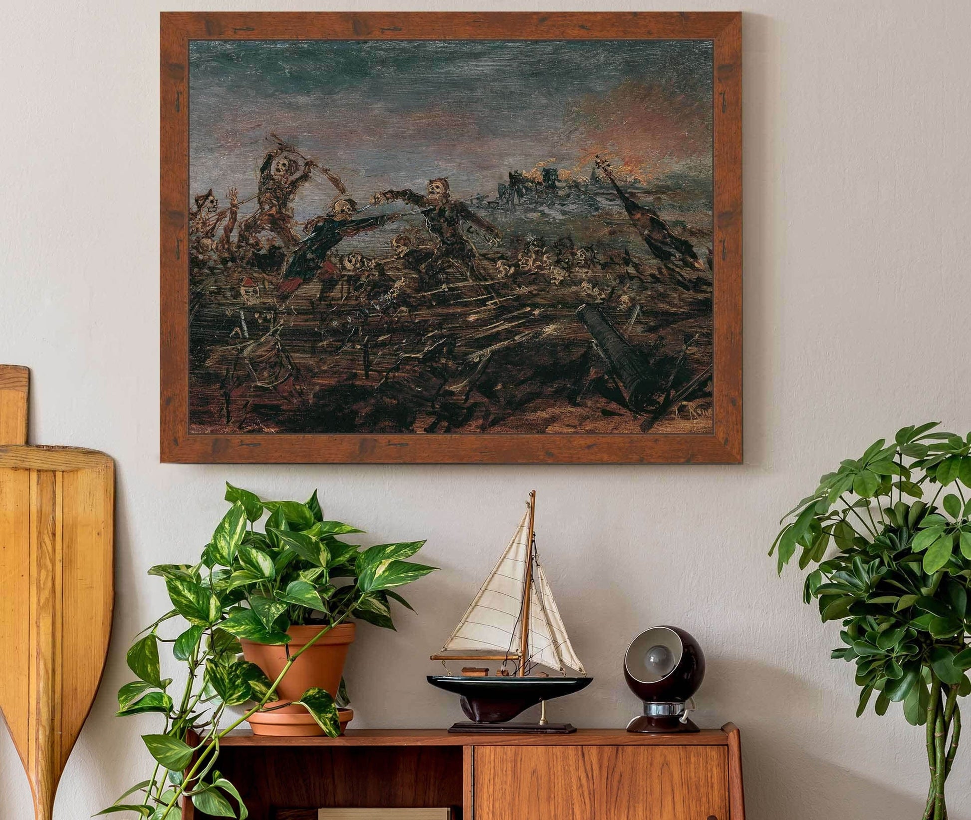 Totentanz Auf Dem Schlachtfeld Vor Brennenden Ruinen by Anton Romako