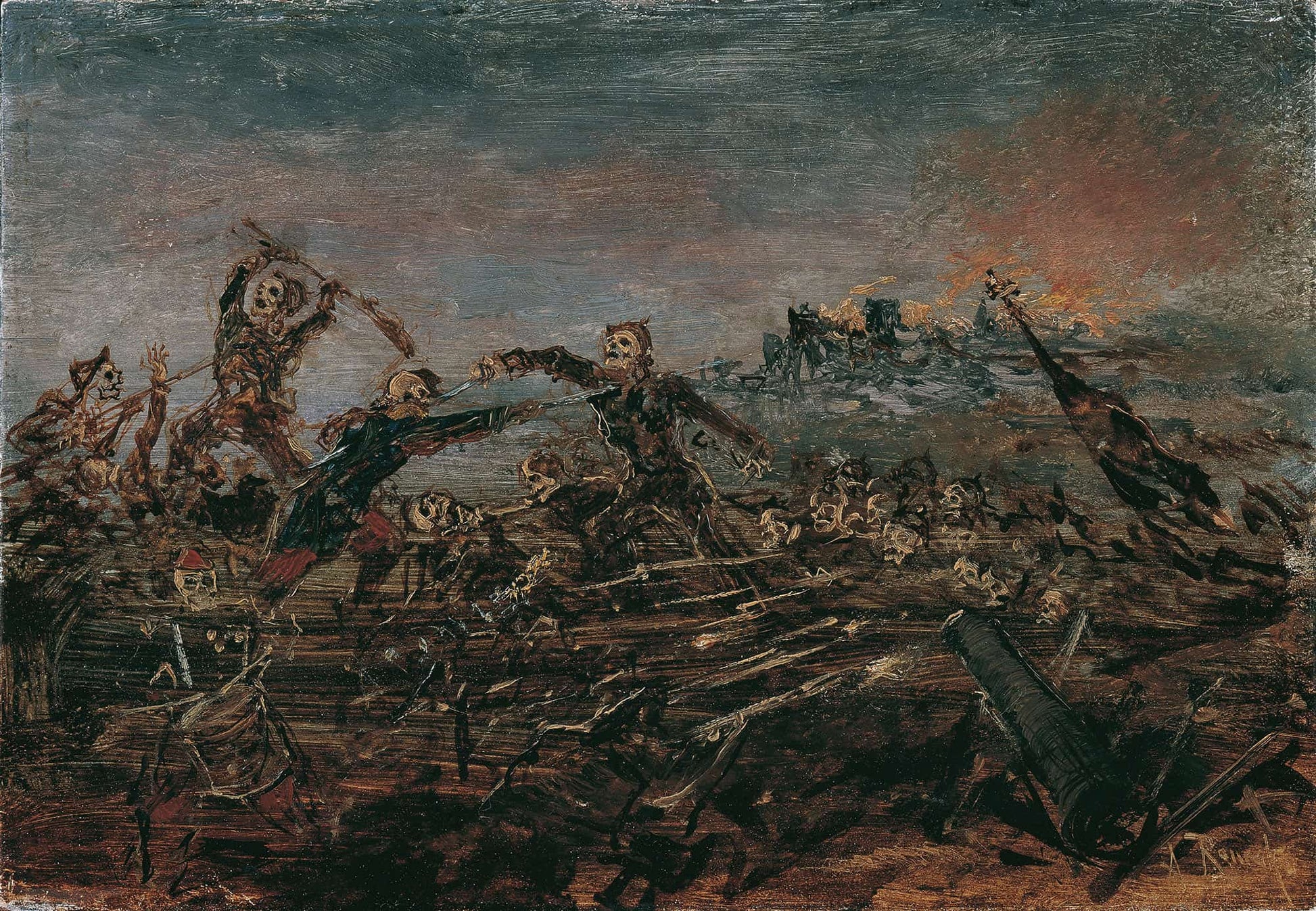 Totentanz Auf Dem Schlachtfeld Vor Brennenden Ruinen by Anton Romako