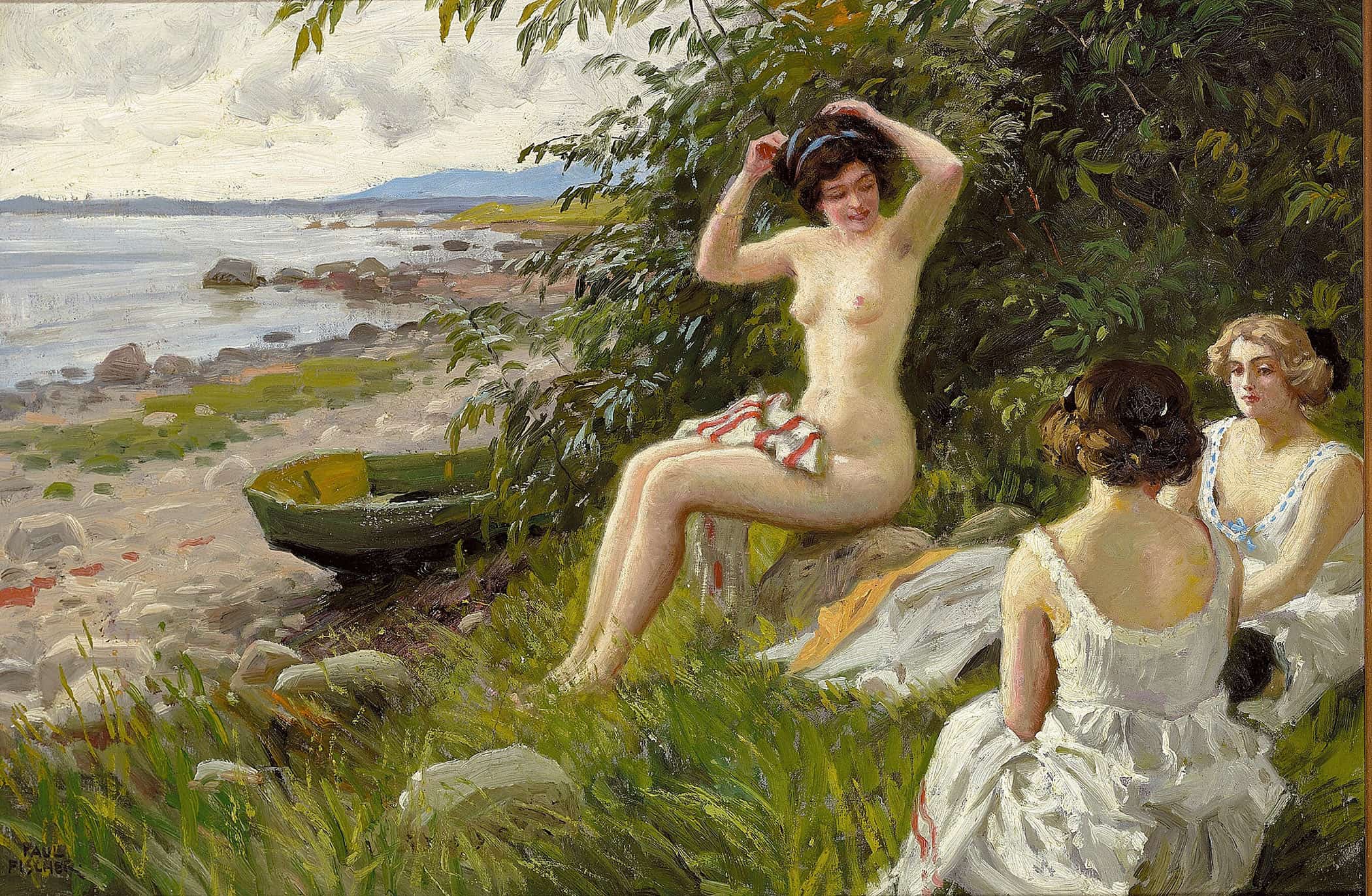 Tre Badepiger I Strandkanten by Paul Fischer