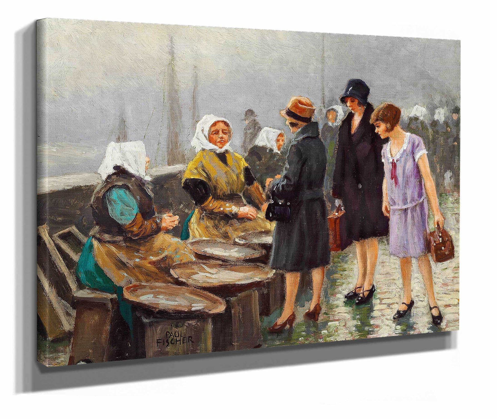 Tre Unge Damer Kober Friske Fisk Pa Gammel Strand by Paul Fischer