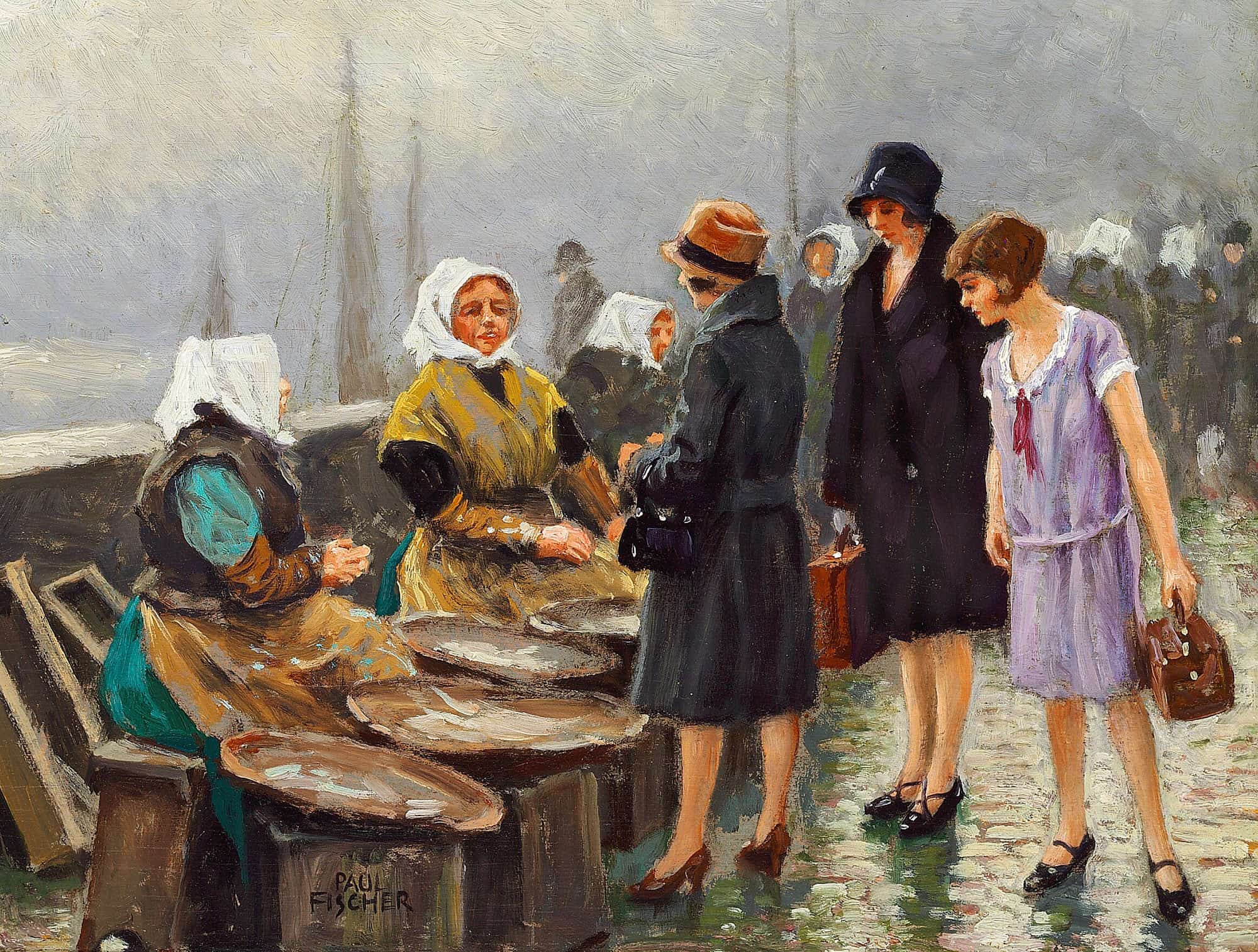 Tre Unge Damer Kober Friske Fisk Pa Gammel Strand by Paul Fischer