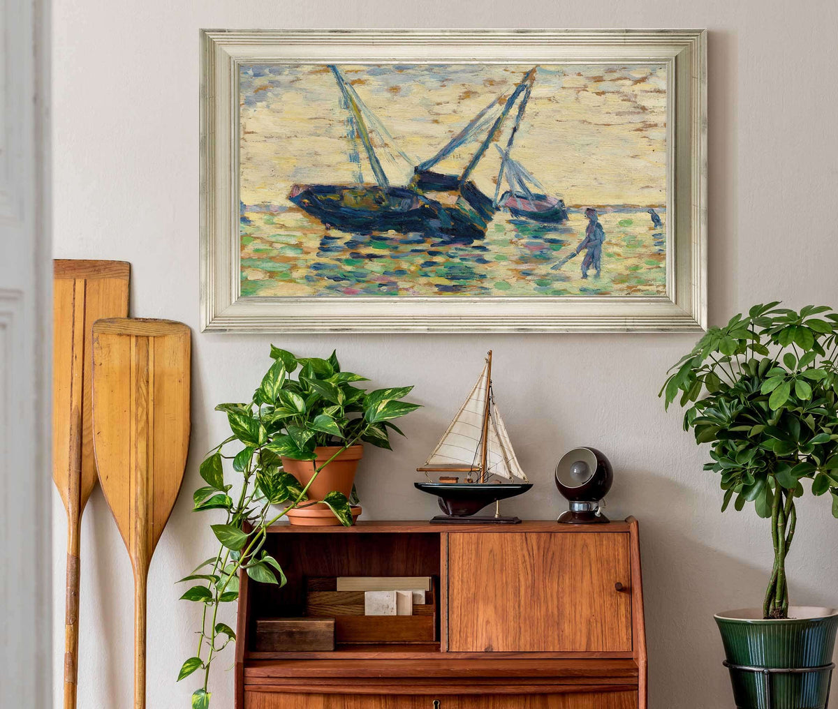 Trois Bateaux Et Un Marin Etude Pour Lechouage A Grandcamp by Georges Seurat