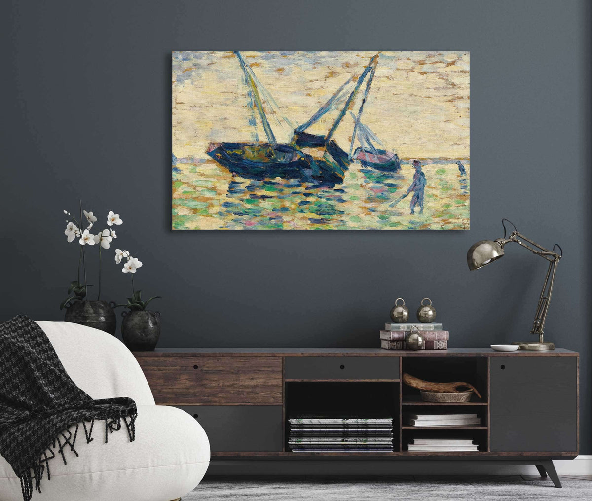 Trois Bateaux Et Un Marin Etude Pour Lechouage A Grandcamp by Georges Seurat