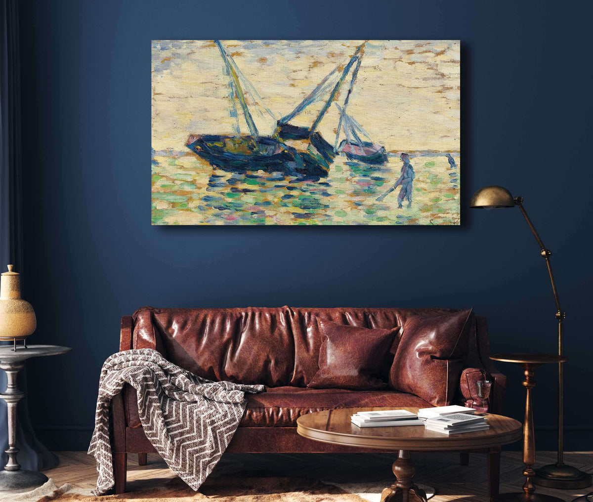 Trois Bateaux Et Un Marin Etude Pour Lechouage A Grandcamp by Georges Seurat