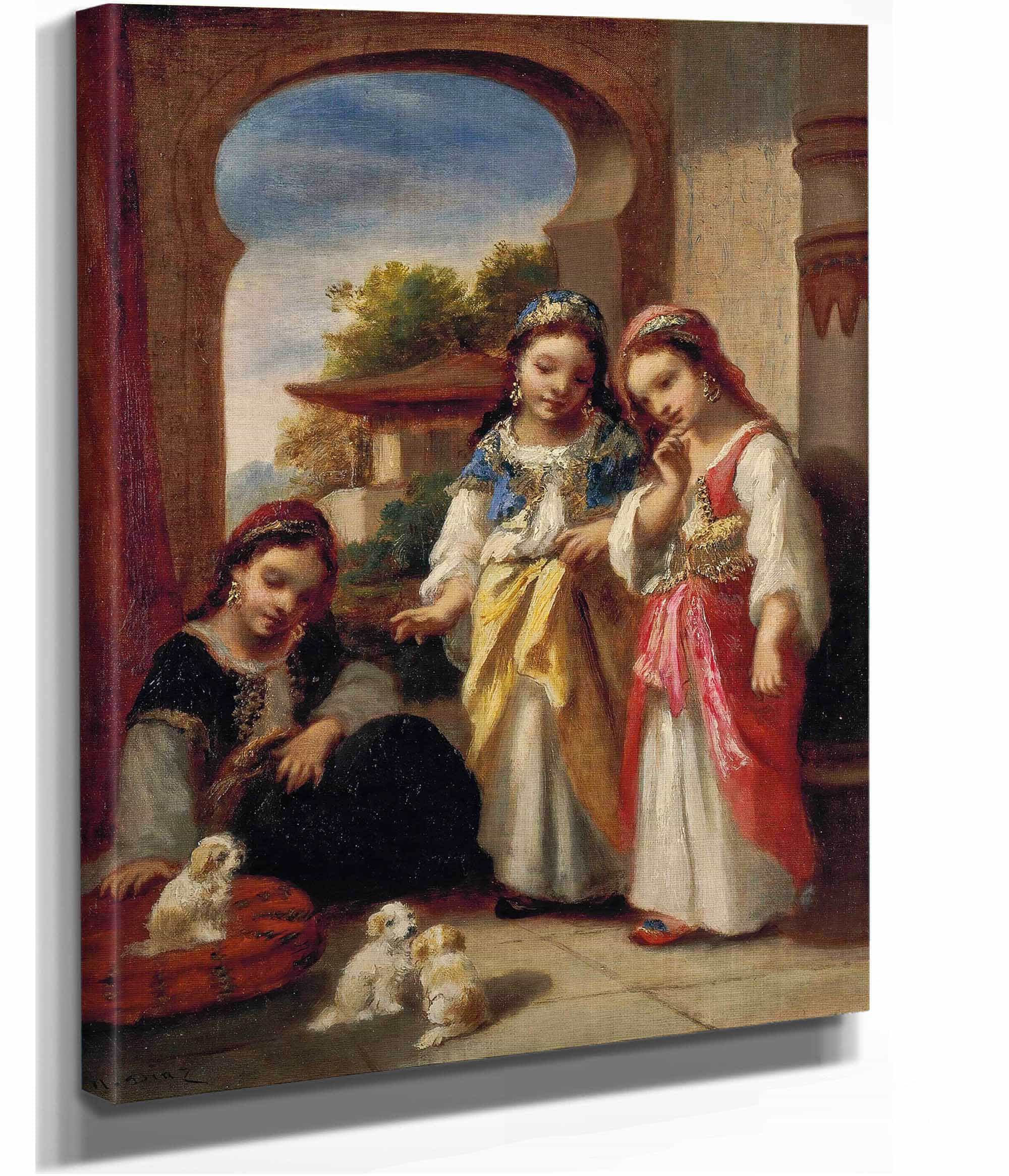 Trois Fillettes Et Trois Chiots En Turquie by Narcisse Virgile Diaz De La Pena