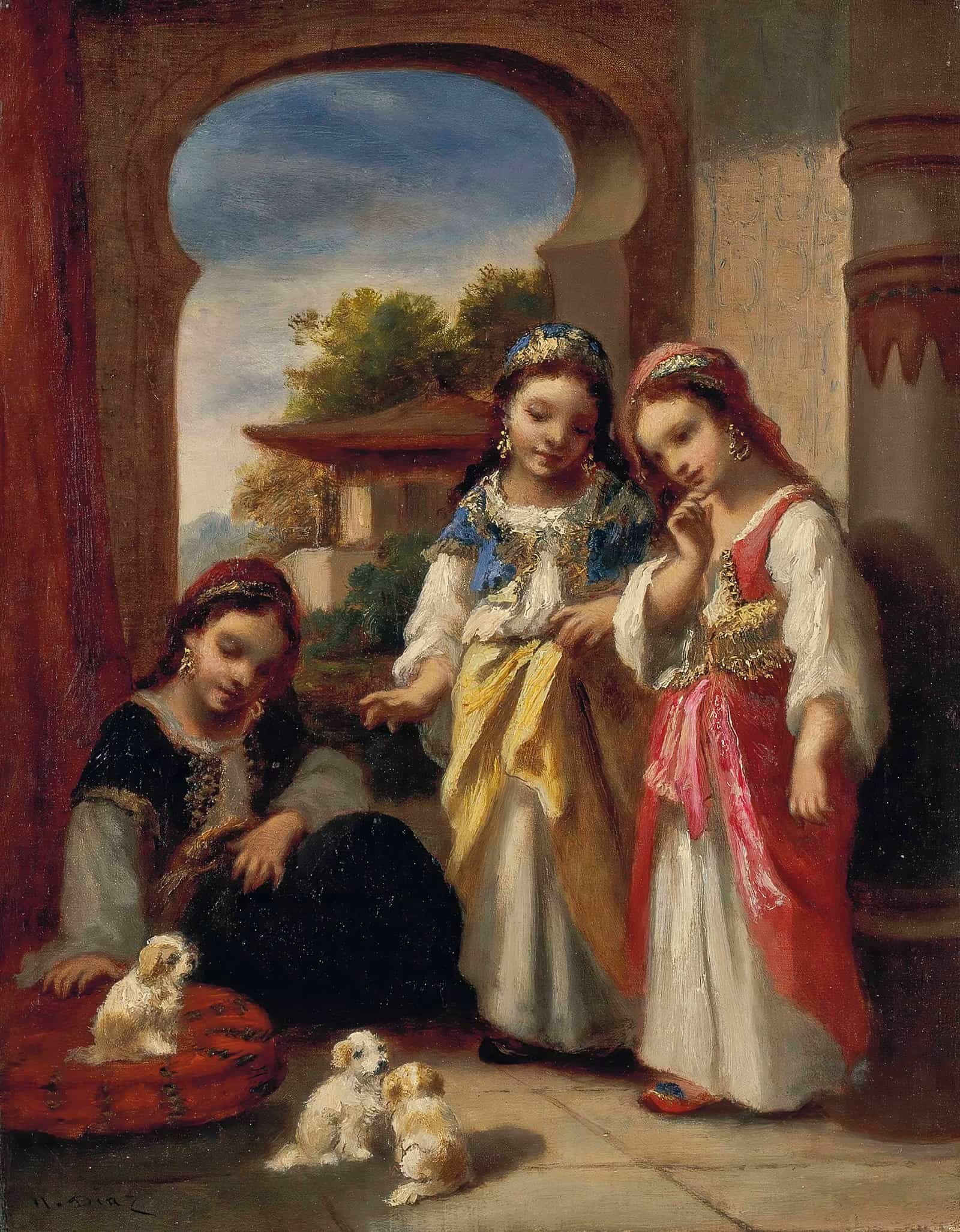 Trois Fillettes Et Trois Chiots En Turquie by Narcisse Virgile Diaz De La Pena