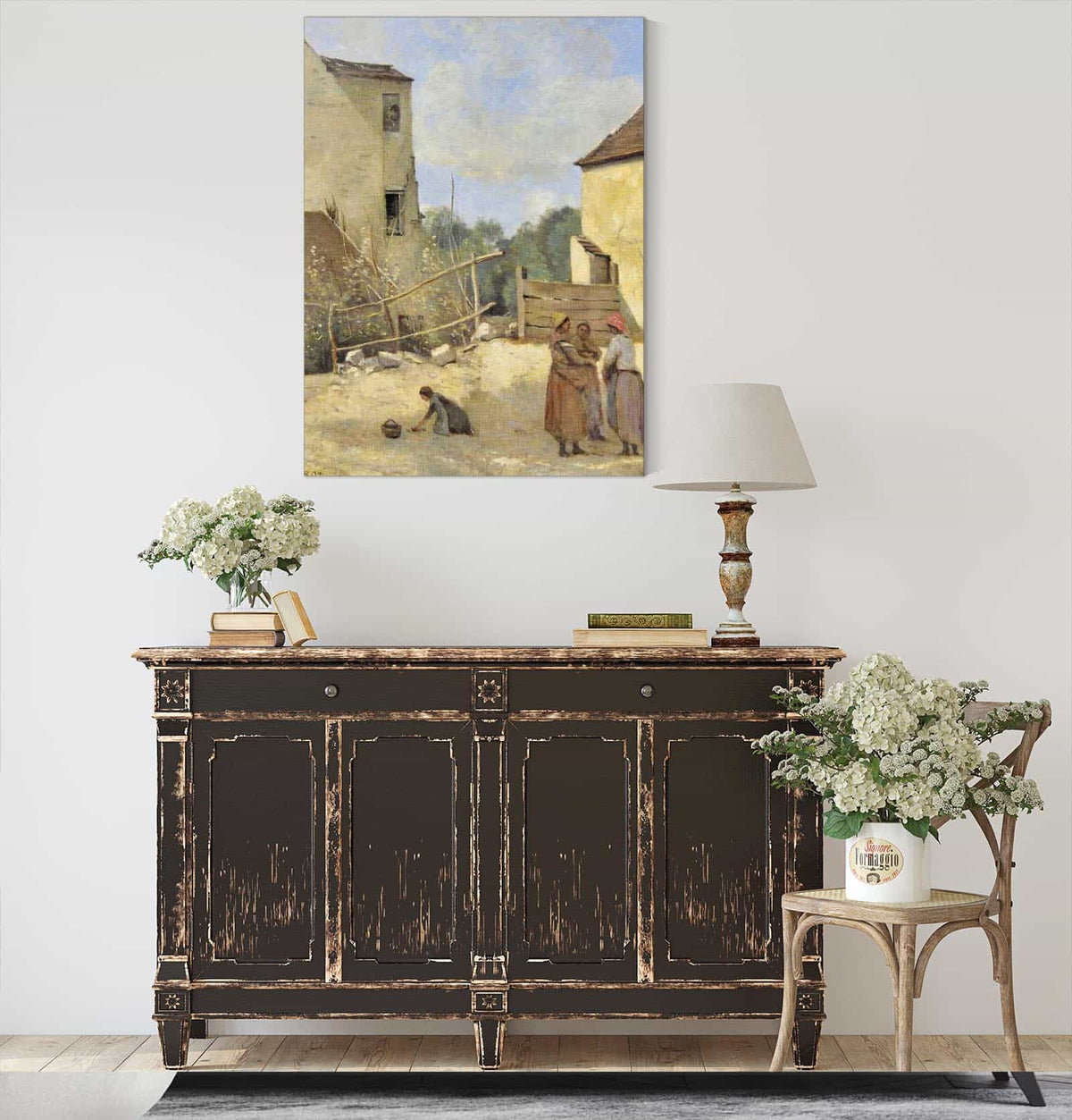 Trois Paysannes Causant Dans Une Cour Rustique by Jean Baptiste Camille Corot