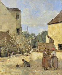 Trois Paysannes Causant Dans Une Cour Rustique by Jean Baptiste Camille Corot