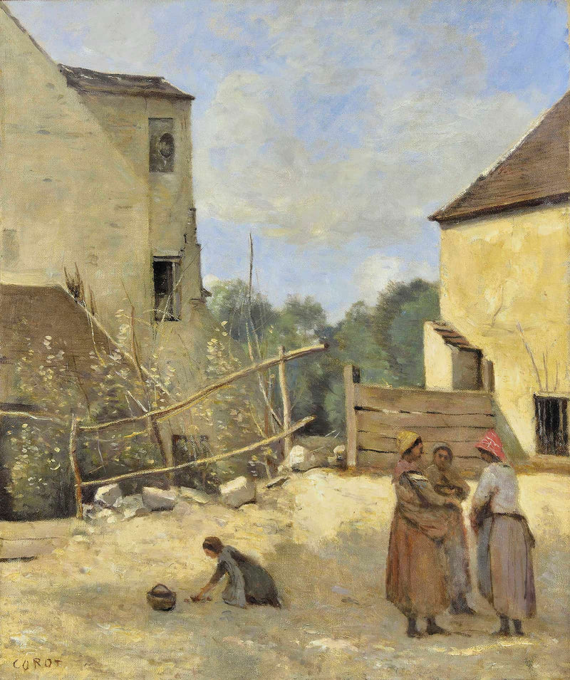 Trois Paysannes Causant Dans Une Cour Rustique by Jean Baptiste Camille Corot
