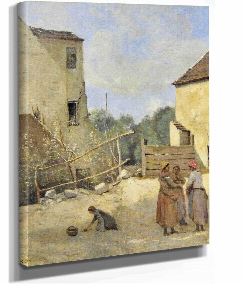 Trois Paysannes Causant Dans Une Cour Rustique by Jean Baptiste Camille Corot