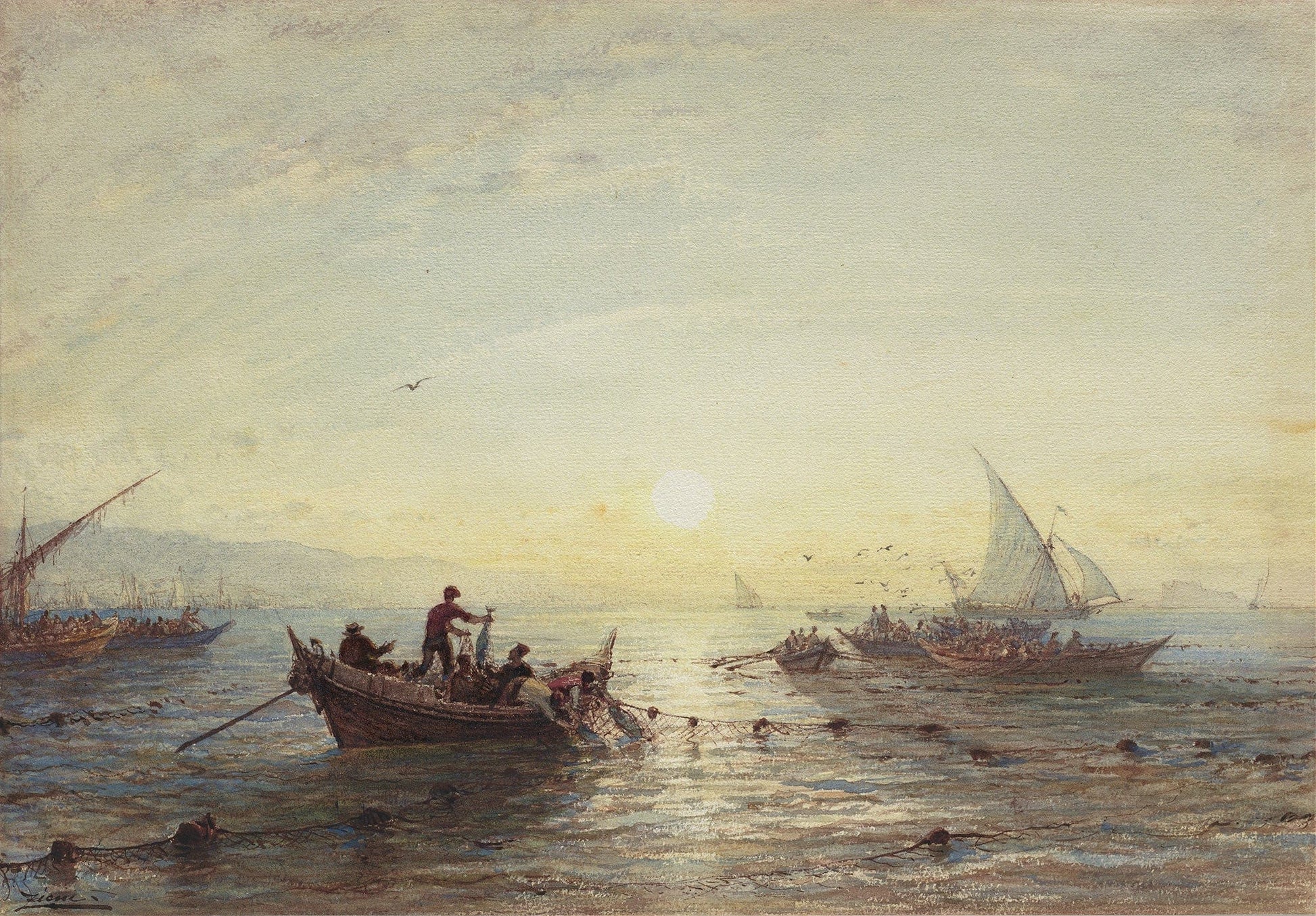 Tuna Fishing At Sunrise Off The Coast Near Marseilles S by Felix Ziem
